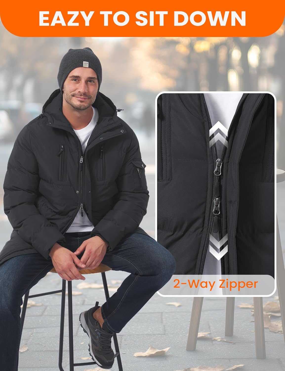 Men's Long Winter Coat Thicken Insulated Waterproof Puffer Jacket Two-Way Zipper Hooded Windbreaker Parka