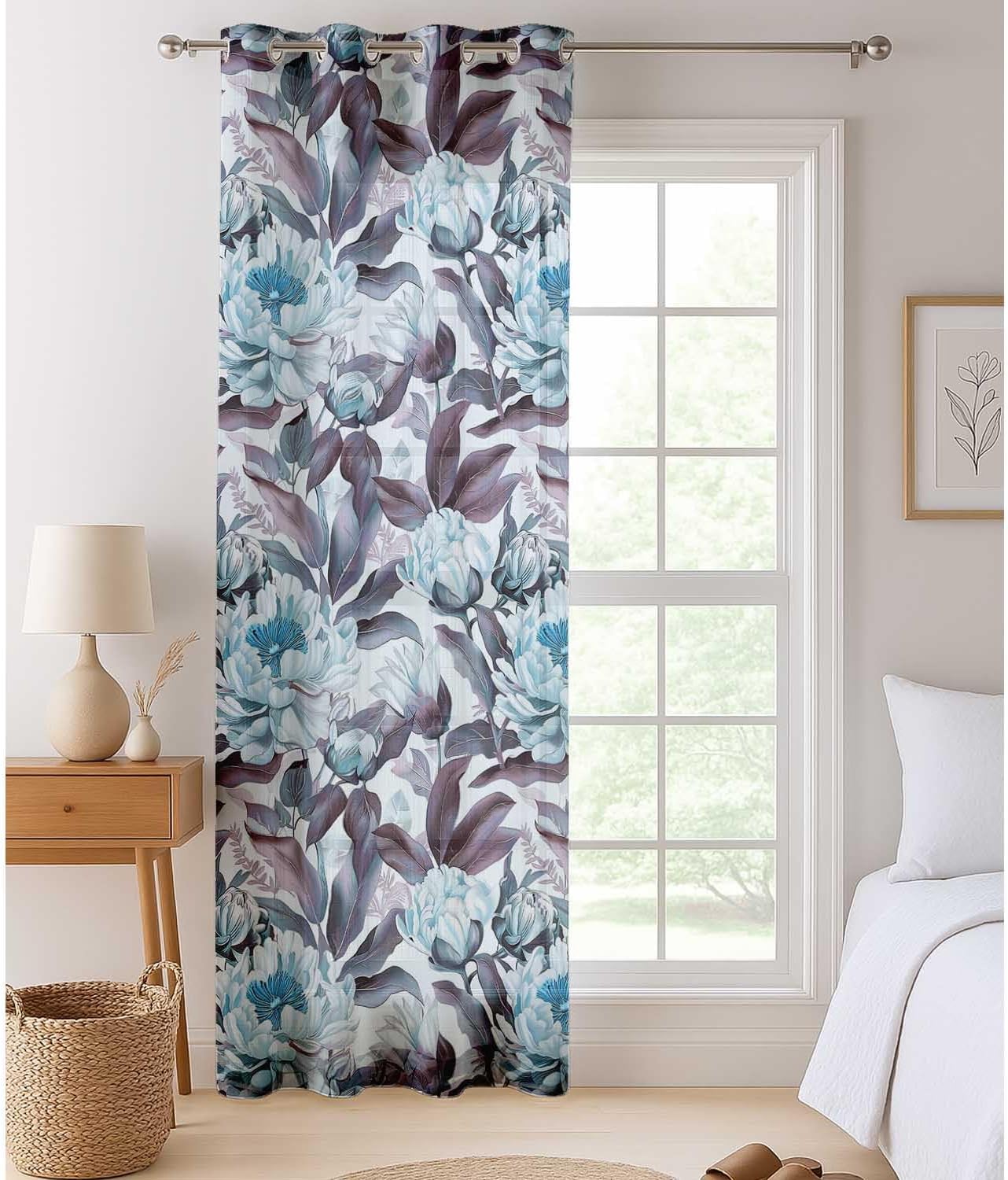 Peony Botanical Print Sheer Curtains for Short Windows - Set of 2 Panels, 63", Grommet Top, Printed Georgette, Light Filtering Drapes for Kitchen or Bedroom