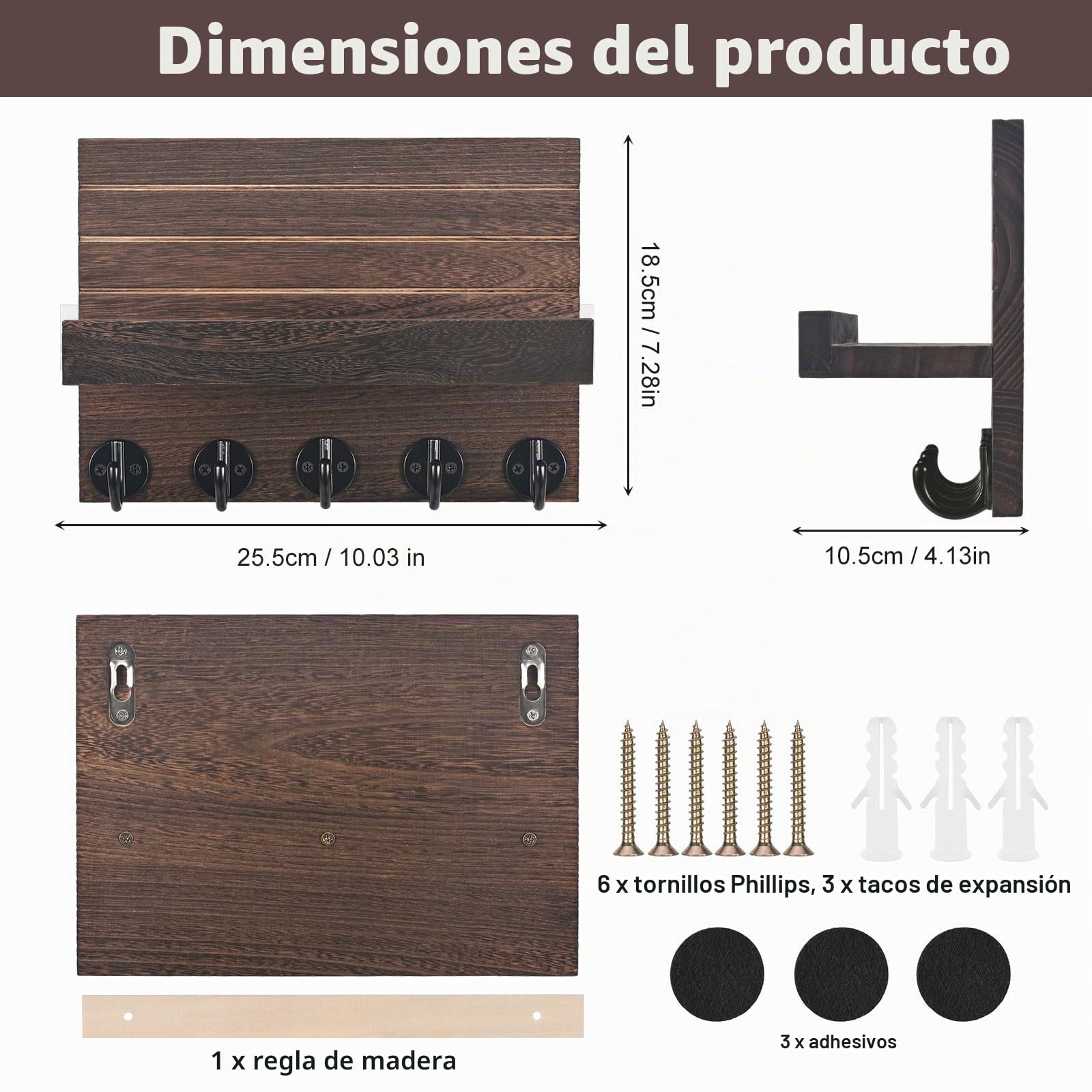 Llavero de Madera para Pared, Portallaves de Madera, Ganchos para Llaves Montados en la Pared, Organizador Llaves con 5 Ganchos para Llaves, para Llaves, Cartas, Periódicos (Marrón)