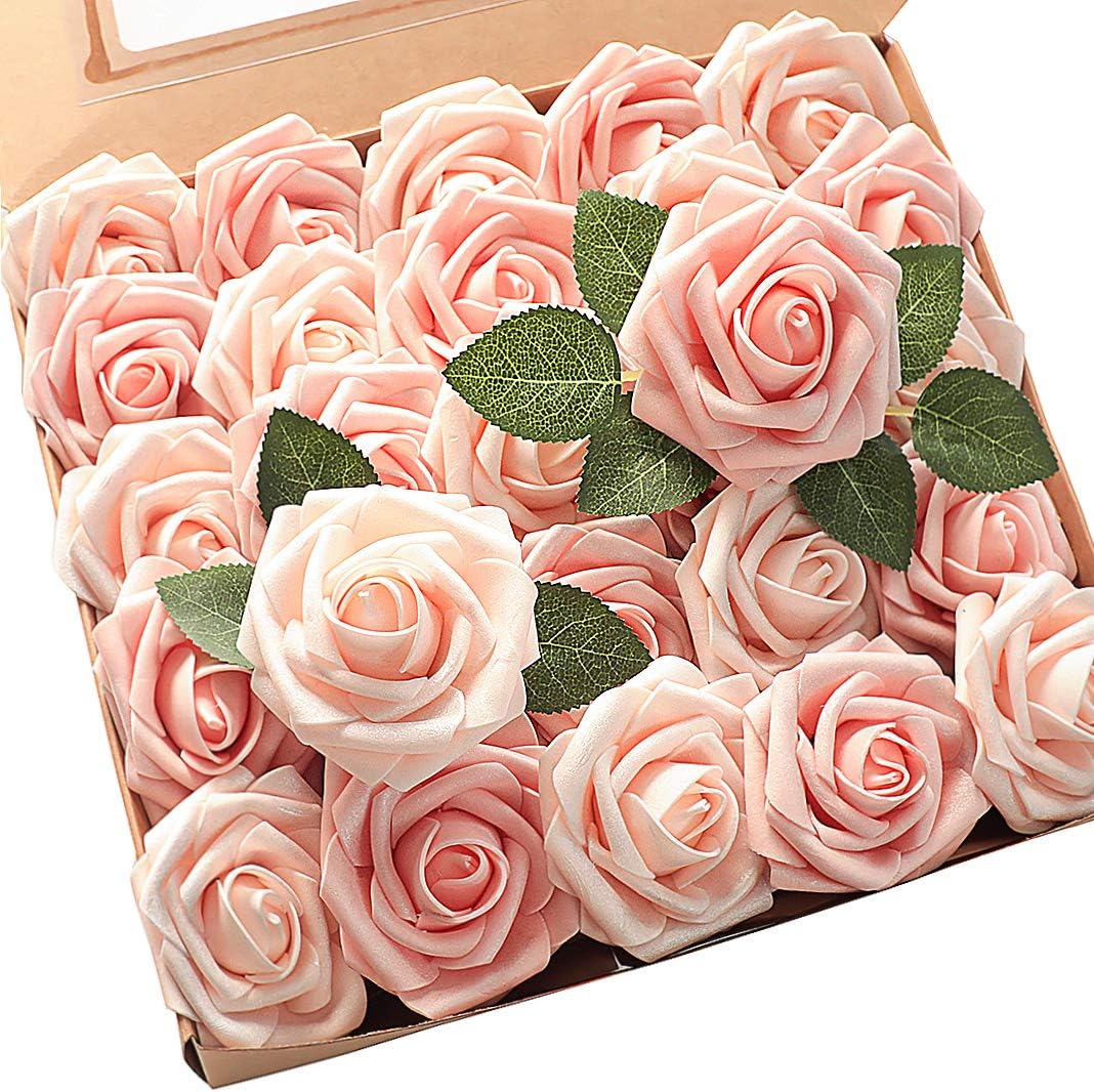 Floroom Artificial Flowers 25pcs Real Looking Shimmer Blush and Peach