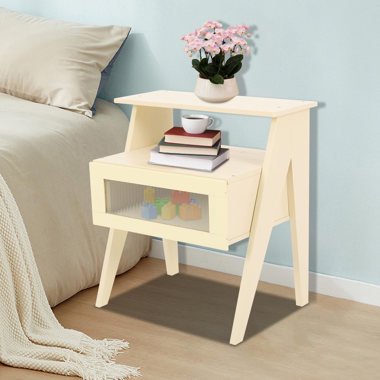 Comodino, tavolino con finestra trasparente e ripiano aperto, gambe in legno, comodino, tavolo con vano portaoggetti per camera da letto, dormitori, 43 x 31 x 50 cm