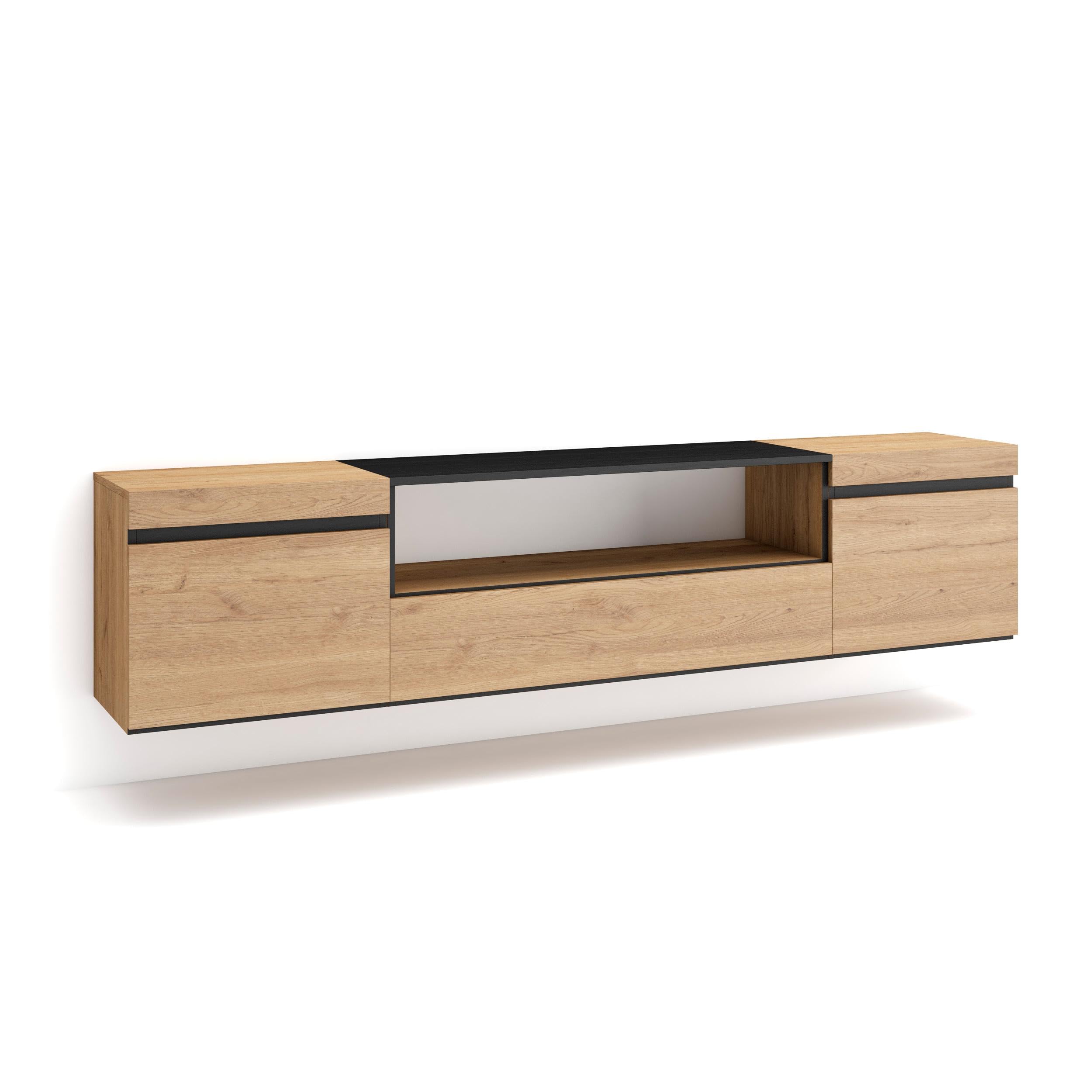 Skraut Home | Mueble TV | Televisión | Muebles de salón, almacenaje | 200x45x35cm | para TV hasta 80" | Colgado, Suspendido | Estilo Moderno | Roble y Negro