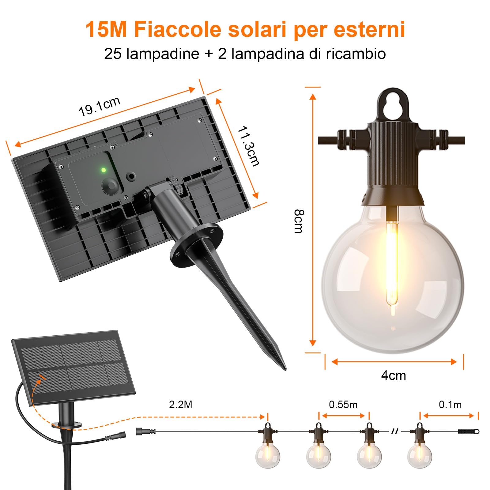 Kawaya - Ghirlanda di luci LED solari per esterni, lampadine G40, bianco caldo, con pannello solare, impermeabile, grado di protezione IP65, con 25+2 lampadine G40 resistenti alle rotture, bianco
