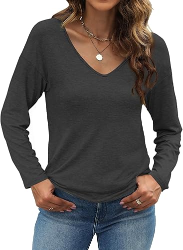 Sherosa Camisetas de manga larga con cuello en V para mujer, ajuste holgado, estilo casual, color liso, básicas