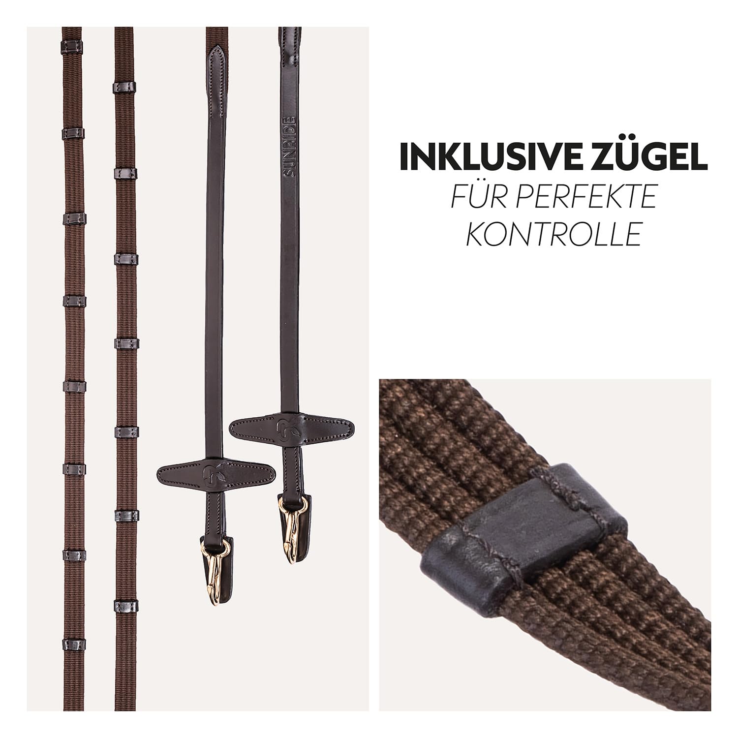 SUNRIDE Brida combinada Inglesa para Caballos (Berlín) – con riendas – Cuero auténtico Suave – Acolchado Extra – anatómica, Ajustable – Click&Ride – Hecha a Mano – Inoxidable(COB, marrón)