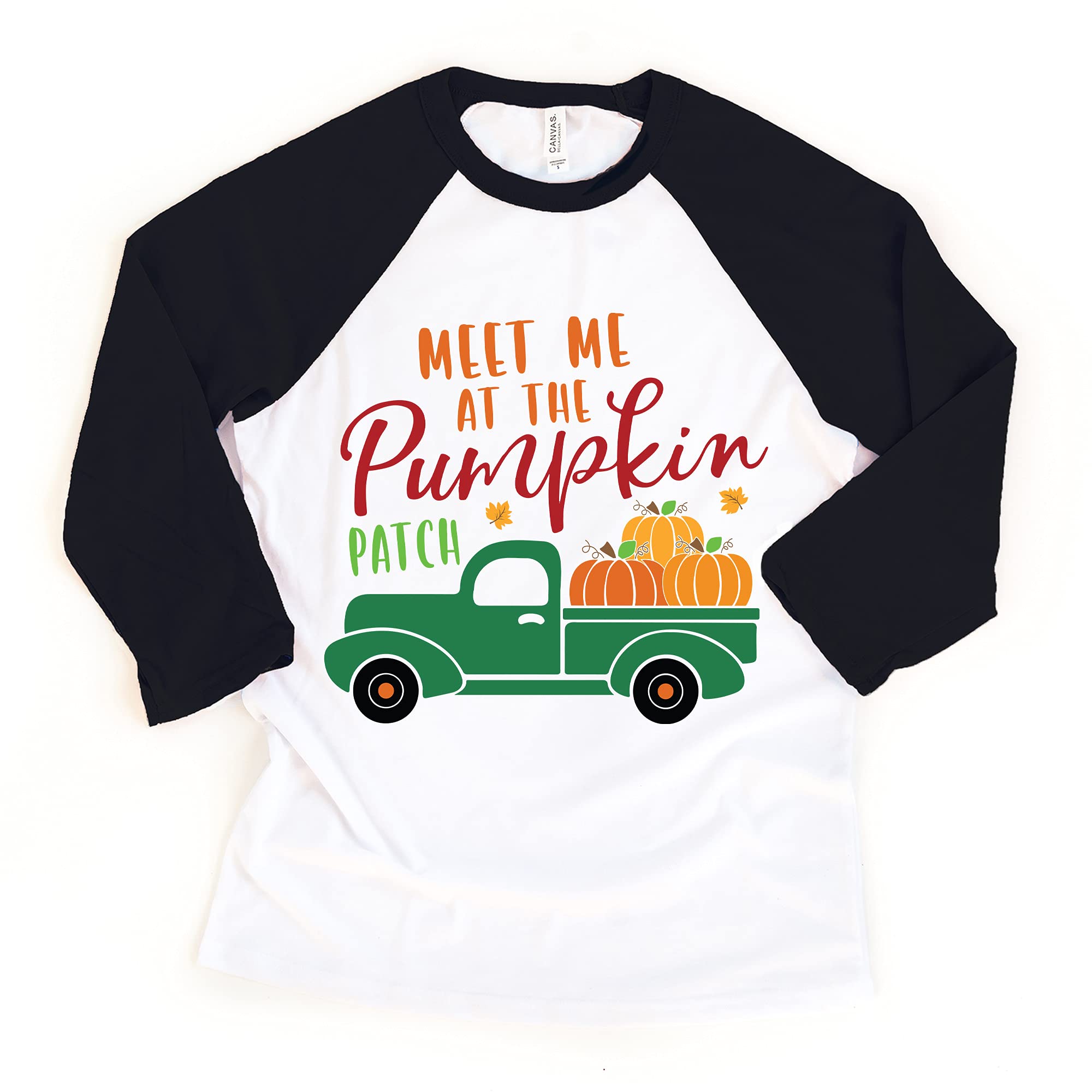 Little Spunkies Meet Me at The Pumpkin Patch Toddler Youth Thanksgiving Fall Shirts and Raglans (3/4 Sleeve Black Raglan, 5-6 Years)