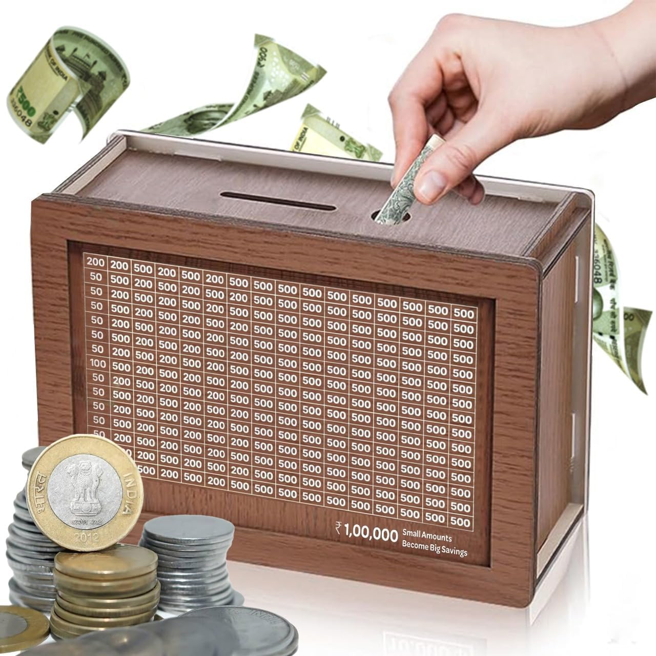 Money Saving Box for Adult 100000 -Money Box, Money Saving Box,1 Lakh Money Saving Box,Money Collecting Box Adult Kids, Small Amount Big Storage 100000 Savings Wooden Money Box,Challenge Box