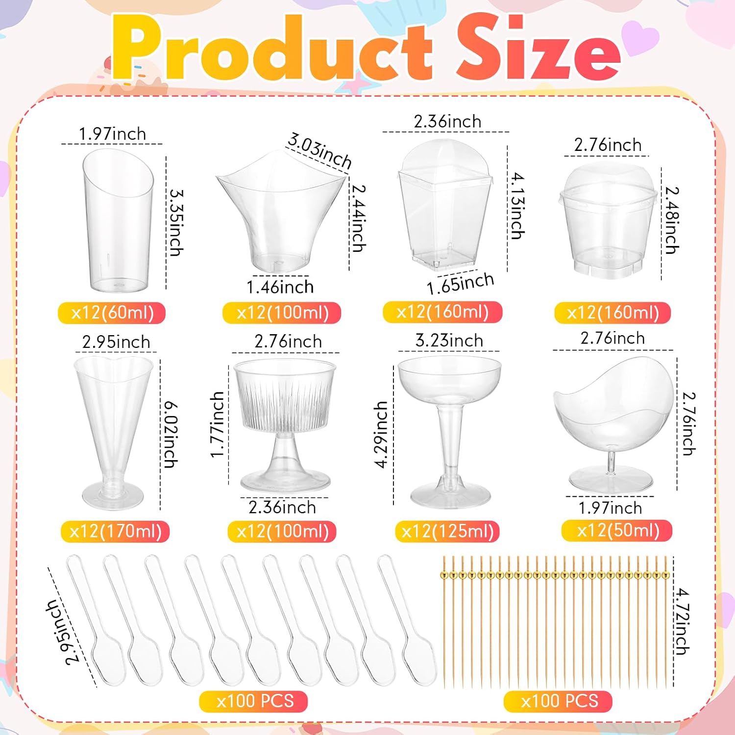 Remerry 296 Pack Plastic Dessert Cups with Lids and Spoons Toothpicks 2/3/4/5/6 oz 8 Styles Clear Mini Appetizer Cups Disposable for Serving Fruit Ice Cream Pudding Weddings Party(Elegant Style)