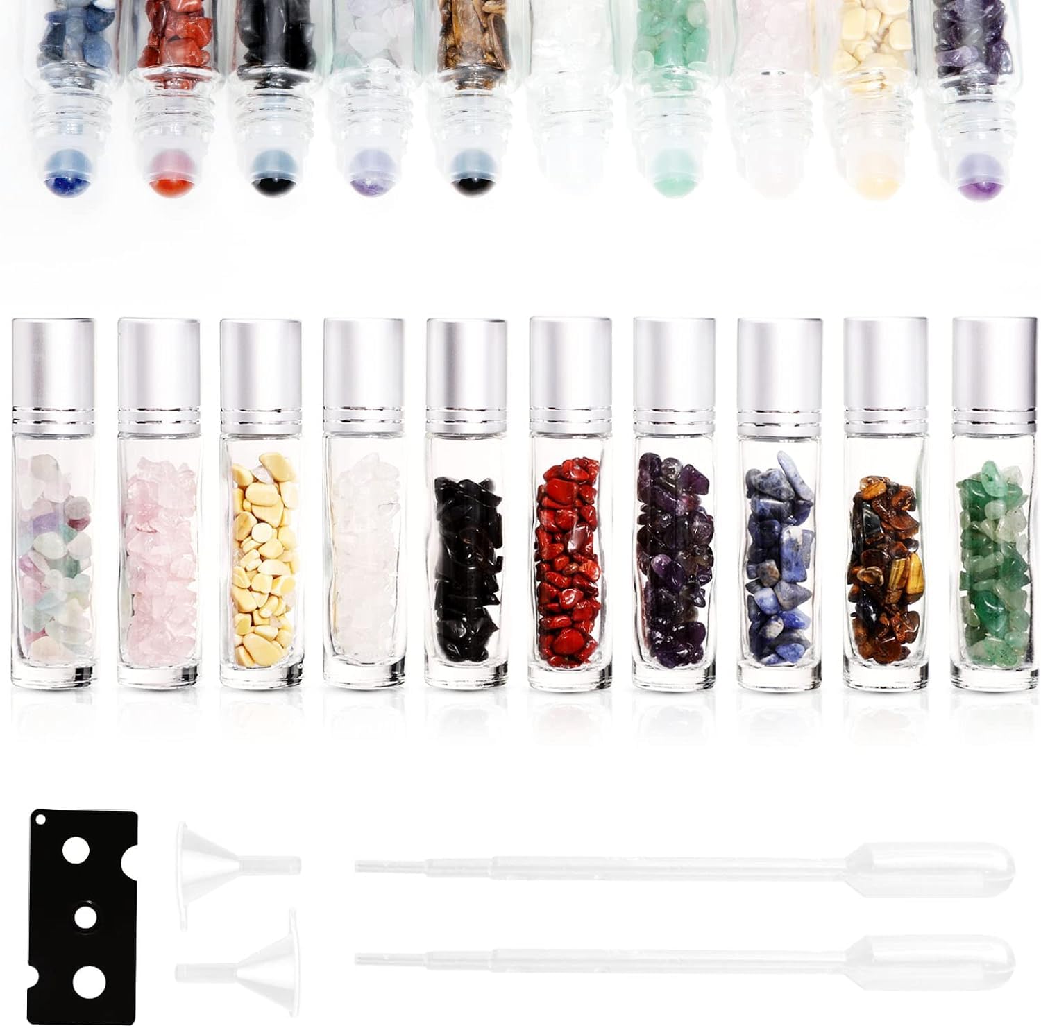 Yalbdopo Bottiglie roll-on per oli essenziali, 10 pezzi, 10 ml, ricaricabili, in vetro trasparente, con coperchio nero, 12 etichette, contagocce e apribottiglie inclusi, perfette per profumi