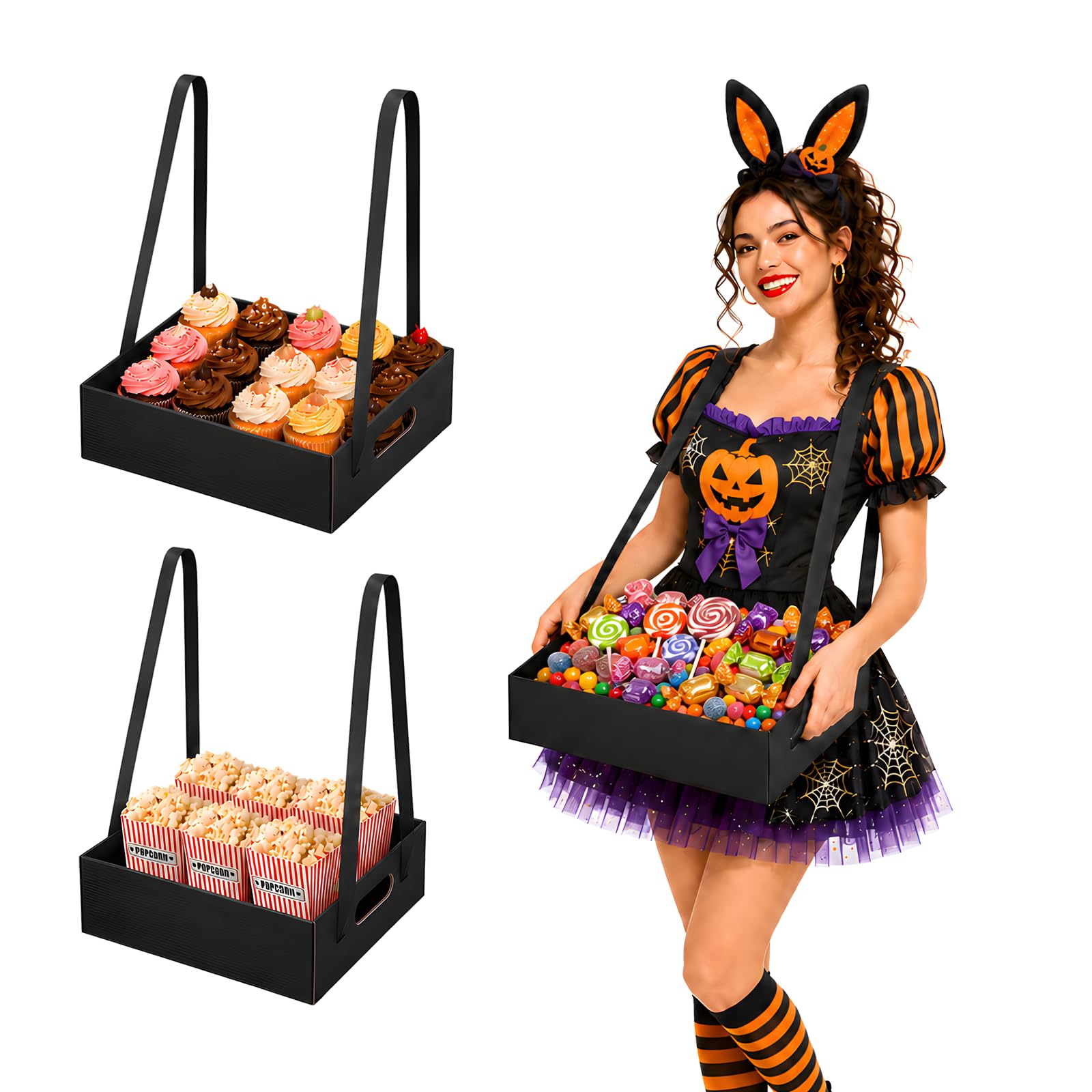 2-Pack Wearable Usherette Trays with Handles, Black Popcorn Carriers