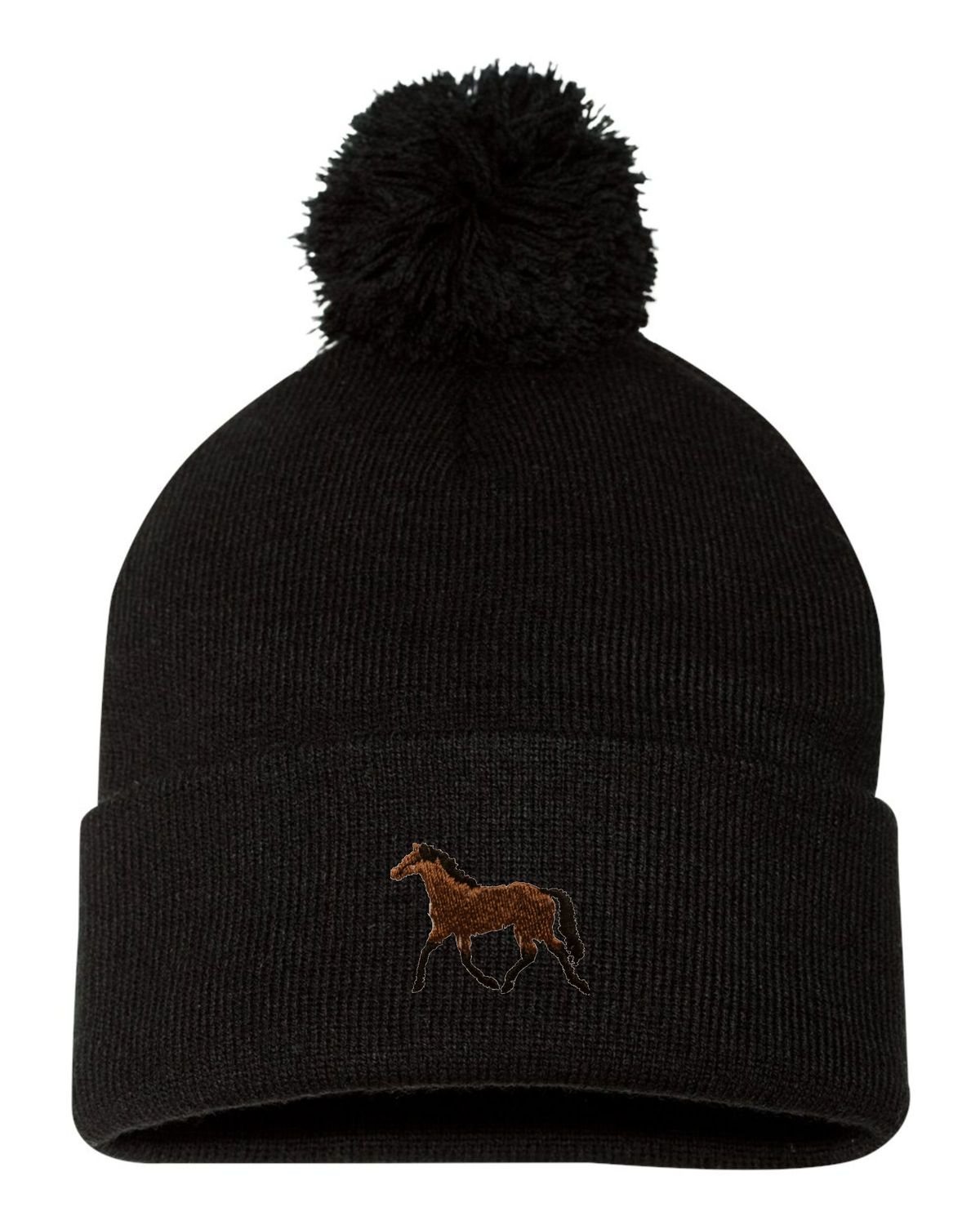 Go All Out One Size Black Pom Horse Embroidered Knit Beanie Pom Cap