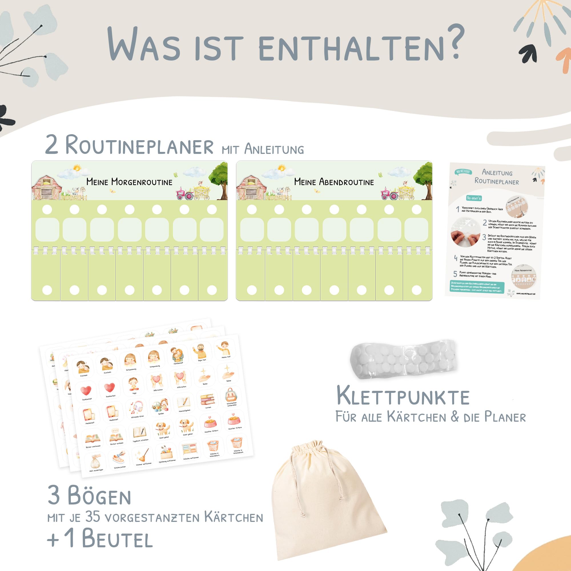 Routine Planer Kinder für Morgenroutine und Abendroutine - Routineplaner, Tagesplan Kinder mit Klett-Punkten und 105 Symbolkärtchen, Montessori Planer, Routinehilfe zum Umklappen (Bauernhof)