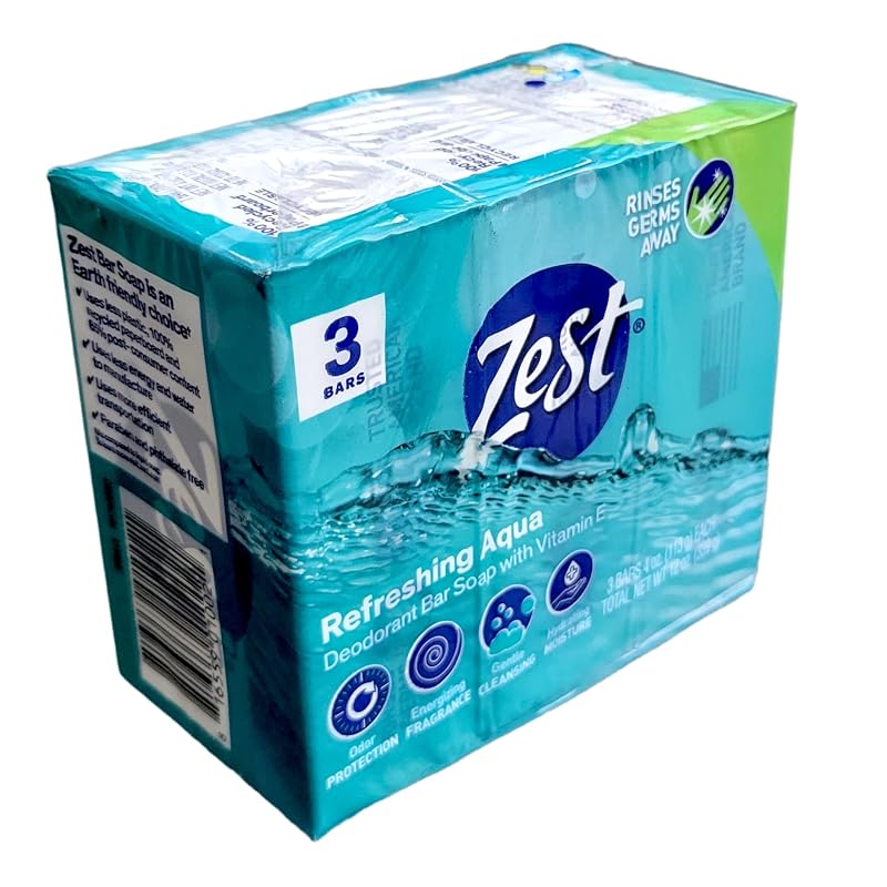 Sabonete em barra desodorante Zest Refreshing Aqua com vitamina E, pacote com 3 barras de 113 g