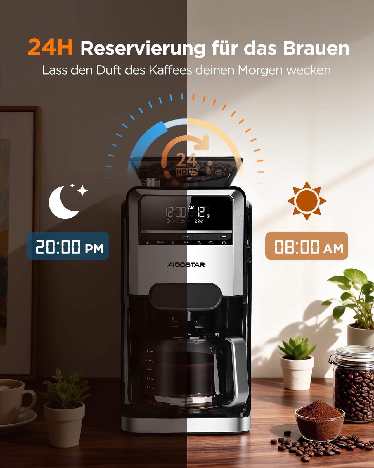 Aigostar Kaffeemaschine mit Mahlwerk, 7 Mahlgrade, 3 Aroma-Stufen, Schwarz