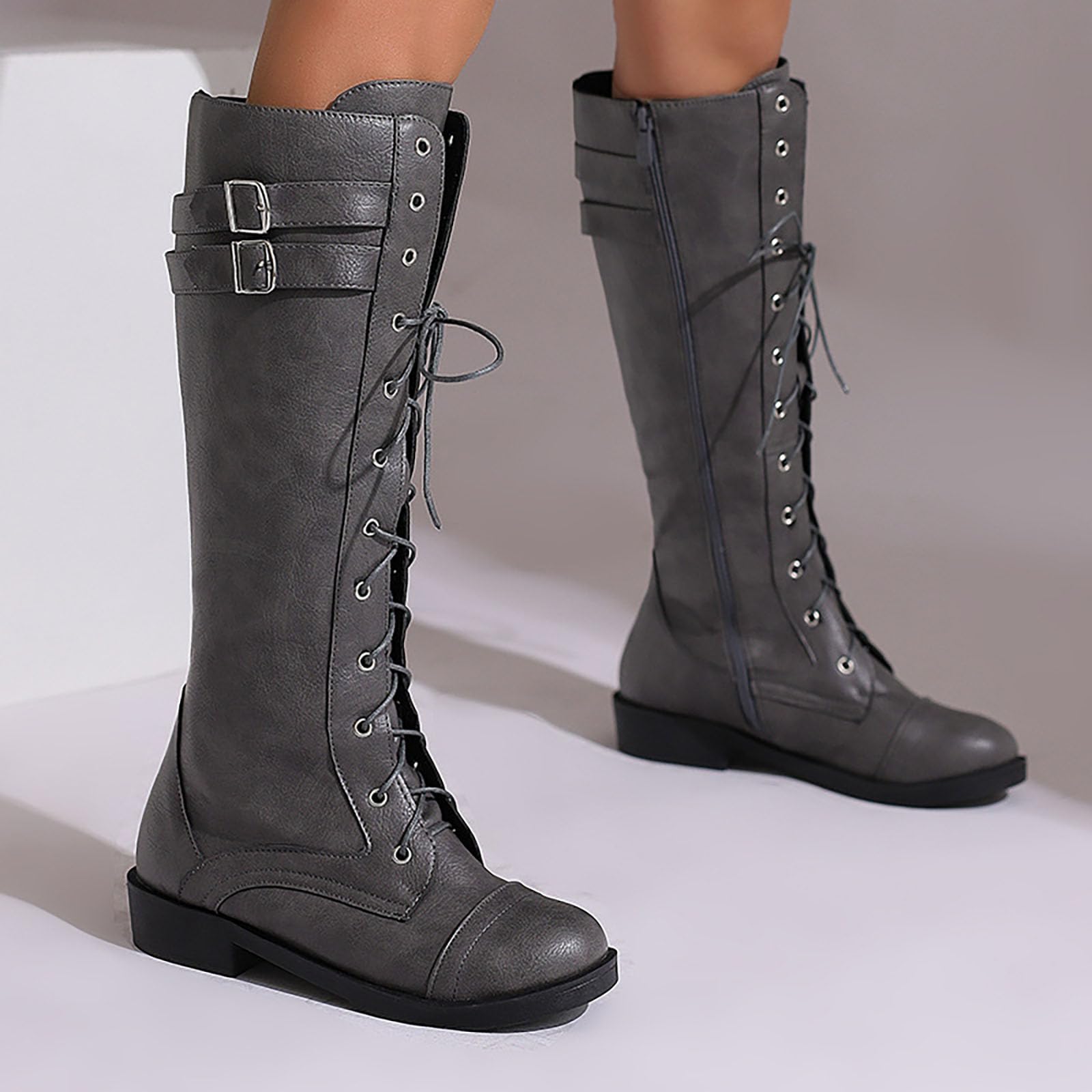 Botas de mujer con cordones en la parte delantera, tacón bajo, cremallera lateral y cinturón, hasta la pantorrilla, botas occidentales para mujer