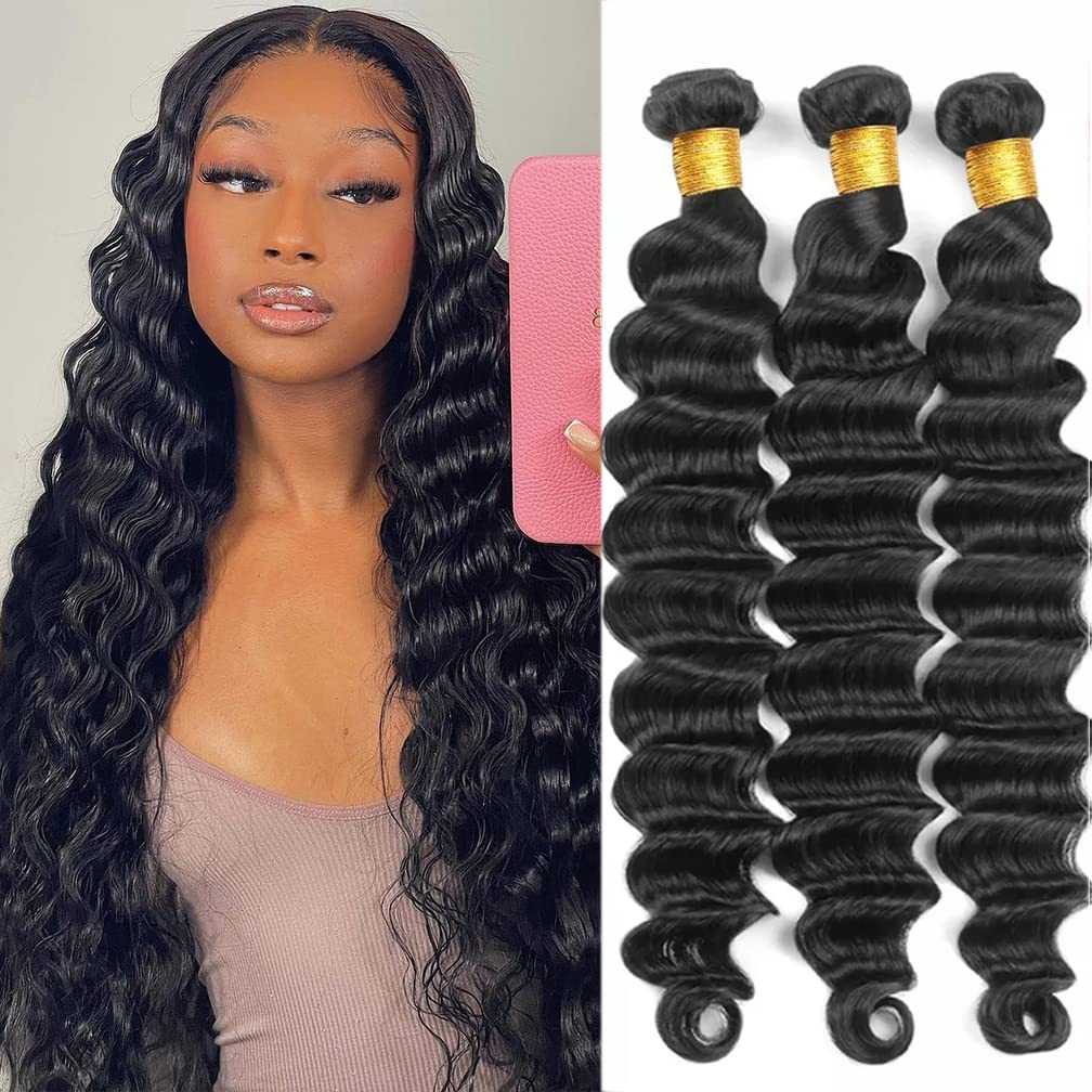 Borchan Brazilian Virgin Loose Deep Wave Bundles 12 14 16 Inch Loose Wave Human Hair Bundles Hair Extensions Natural Black Color