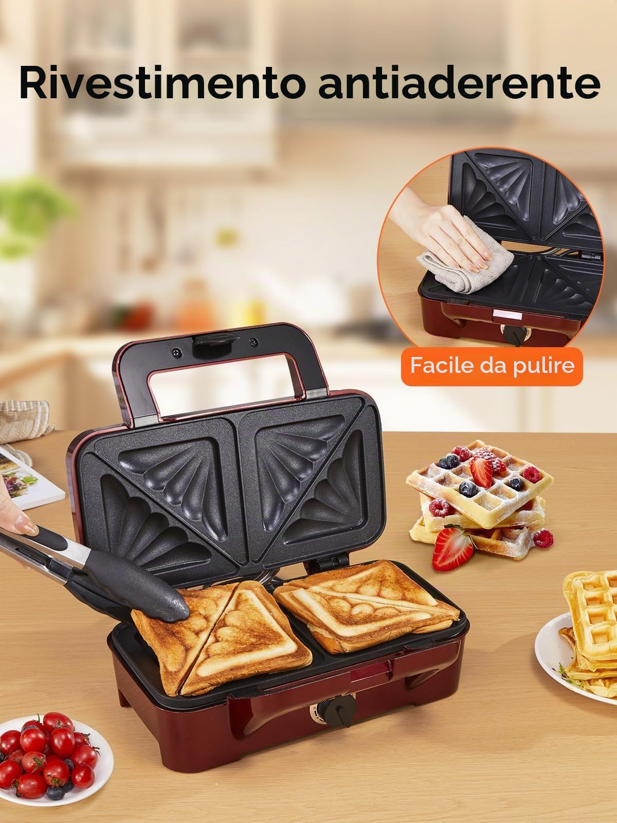 Macchina per sandwich 3 in 1 - Tostapane per sandwich - 1200 W con controllo della temperatura a 5 velocità - Per waffle belgi - Rivestimento antiaderente - Perfetto per la colazione, Rosso
