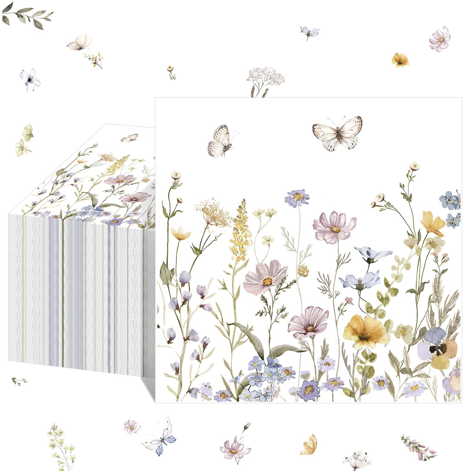 Nuanchu 50 Pack Floral Cocktail Napkins Wildflower Paper Napkins Butterfly Dinner Hand Napkin Guest Classical Flower Decorative Towels 13 x 13 Inch