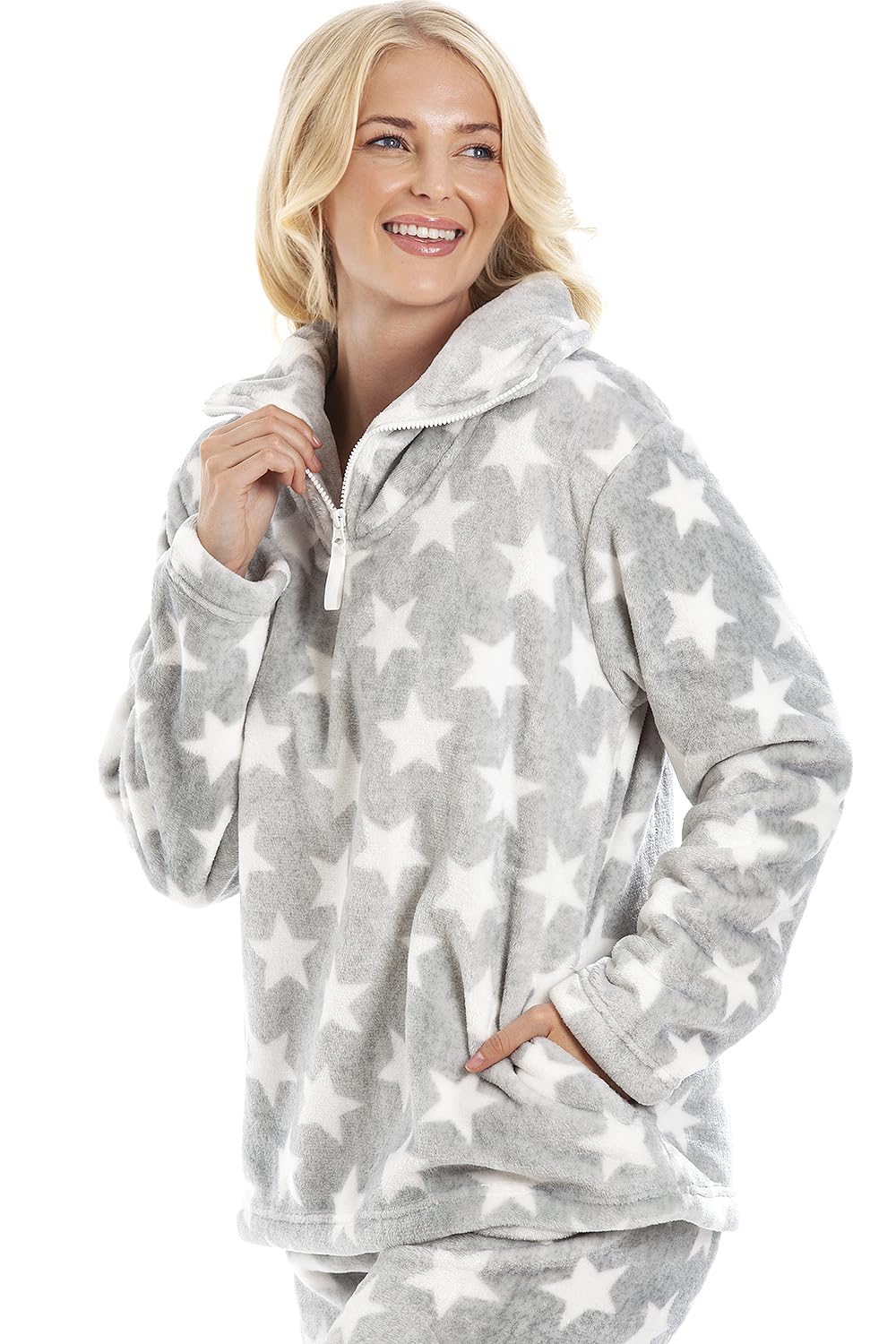 Camille Ensemble Pyjama 2 pièces Super Doux pour Femme – Imprimé étoiles Blanches en Polaire épaisse – Manches Longues et Taille élastique pour Un Confort et Une Chaleur ultimes