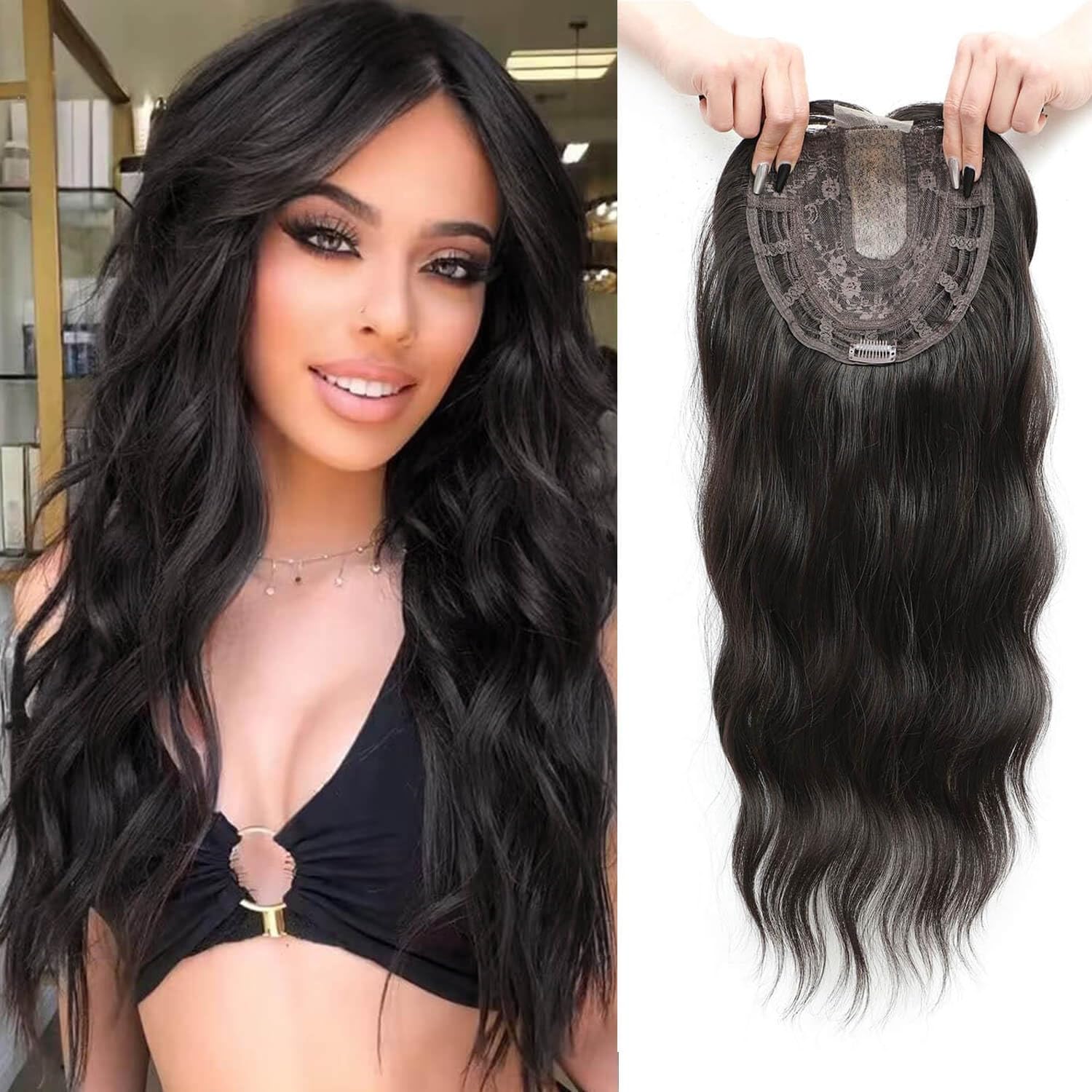FINE PLUS 20-Inch Wavy Hair Topper for Women With Thinning Hair - Brown Black Synthetic Clip-In Fringe Topper Hair Piece to Add Volume