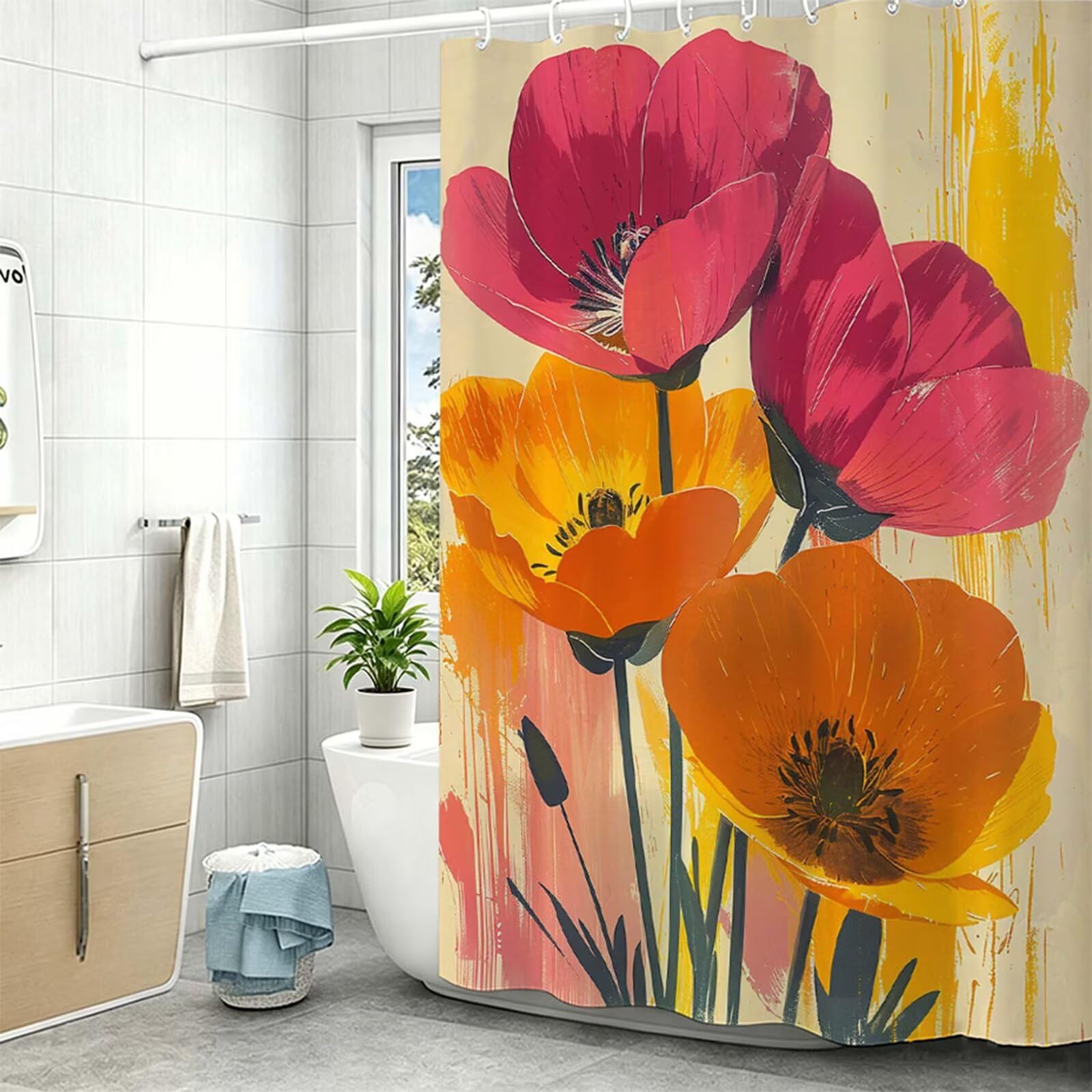 Tenda Doccia in Poliestere rosso, Tende per Doccia Extra Lunga 180x240cm, fiore Tenda Vasca da Bagno Tessuto Lavabile, Impermeabile e Facile da Pulire, con 12 Ganci, Decorazione per Bagno, Hotel Z-192
