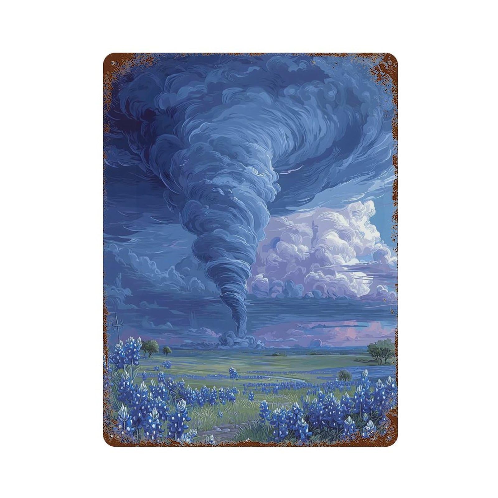 Tornado over Bluebonnet Field 15.7"x11.8" Rust Effect Tin Sign, Old School Wall Decor for Pub, Kitchen And Man Cave Decor