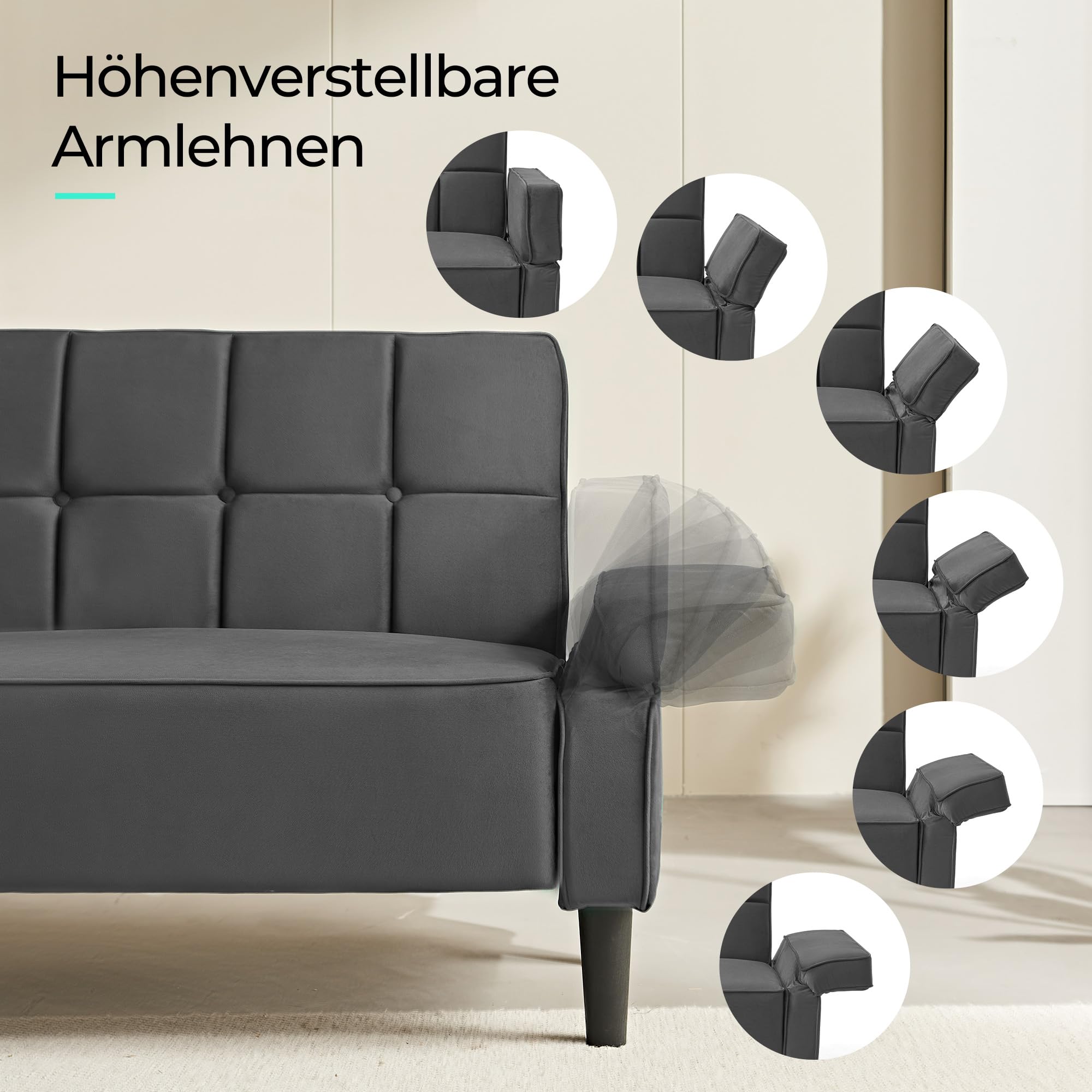 LINSY HOME Sofa mit Schlaffunktion, Klappsofa Sofa 3 Sitzer, Schlafsofa mit Verstellbarer Rückenlehne Armlehnen, 3 Sitzer Sofa mit Bettfunktion aus Samtstoff (Grau)