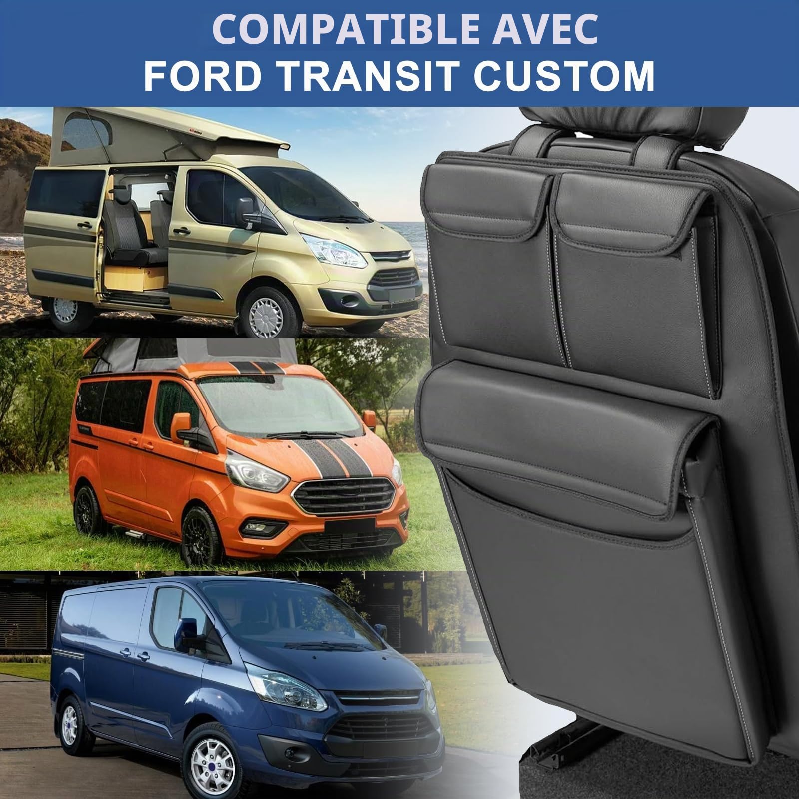 ZWPARTS Organiseur de Coffre pour Ford Transit Custom, Protection de Dossier de Siège Pliable avec 3 Poches Grande Capacité, Facile À Installer Idéal pour Voyages et Quotidien