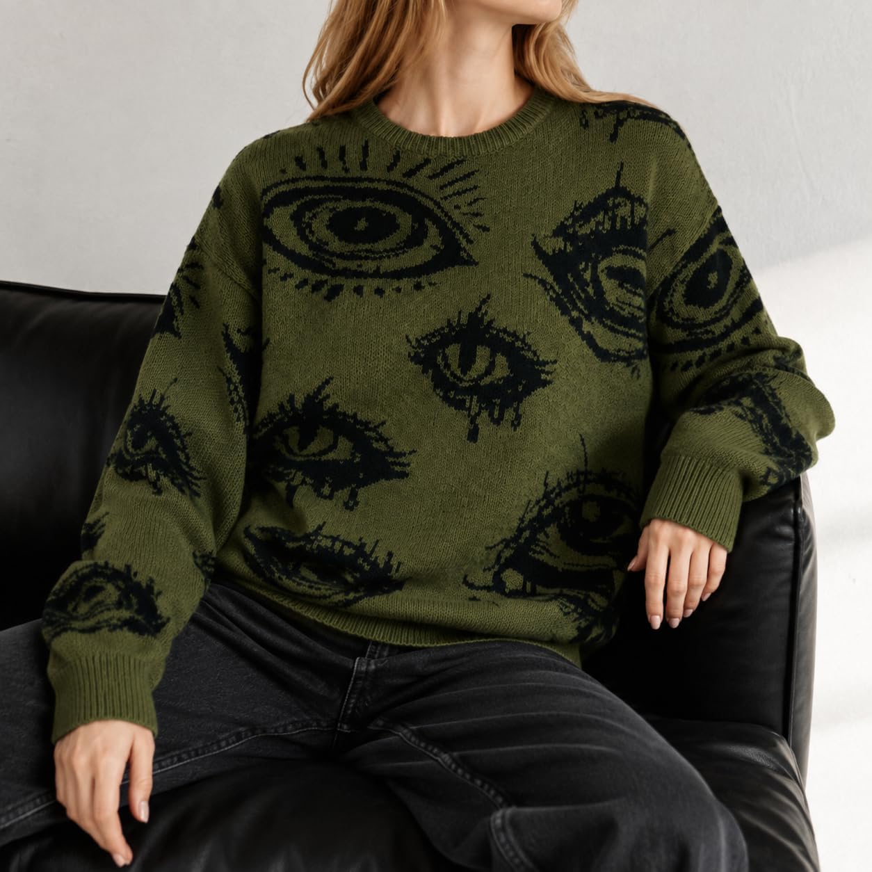 SAND SOUND Women Goth Aesthetic Eye Print Crewneck Knit Sweater