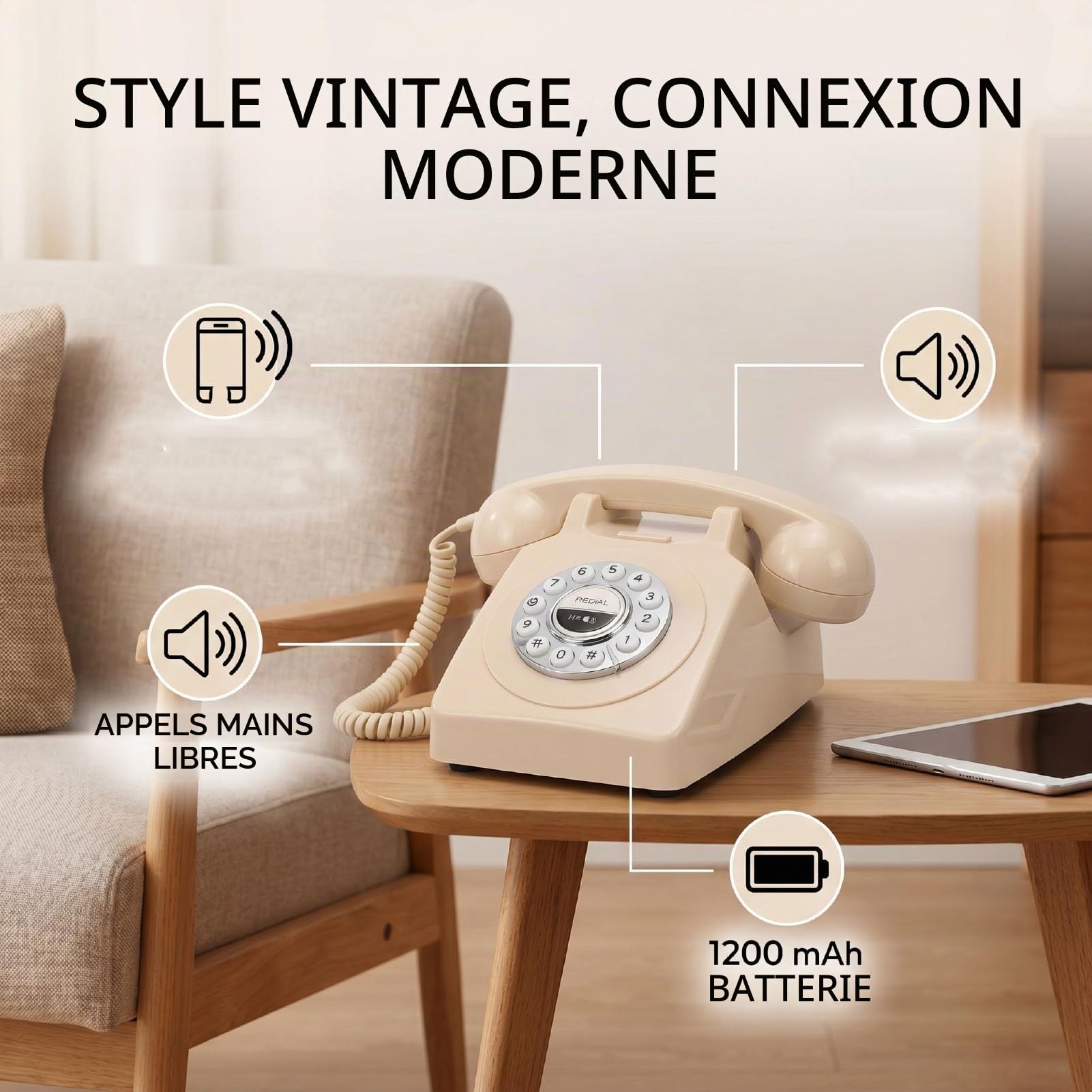 Sxhlseller Téléphone Rétro Bluetooth avec combiné sans Fil, Haut-Parleur de Style Téléphone Fixe Vintage pour Chevet D'hôtel, Récepteur D'appels Mains Libres pour Portable et