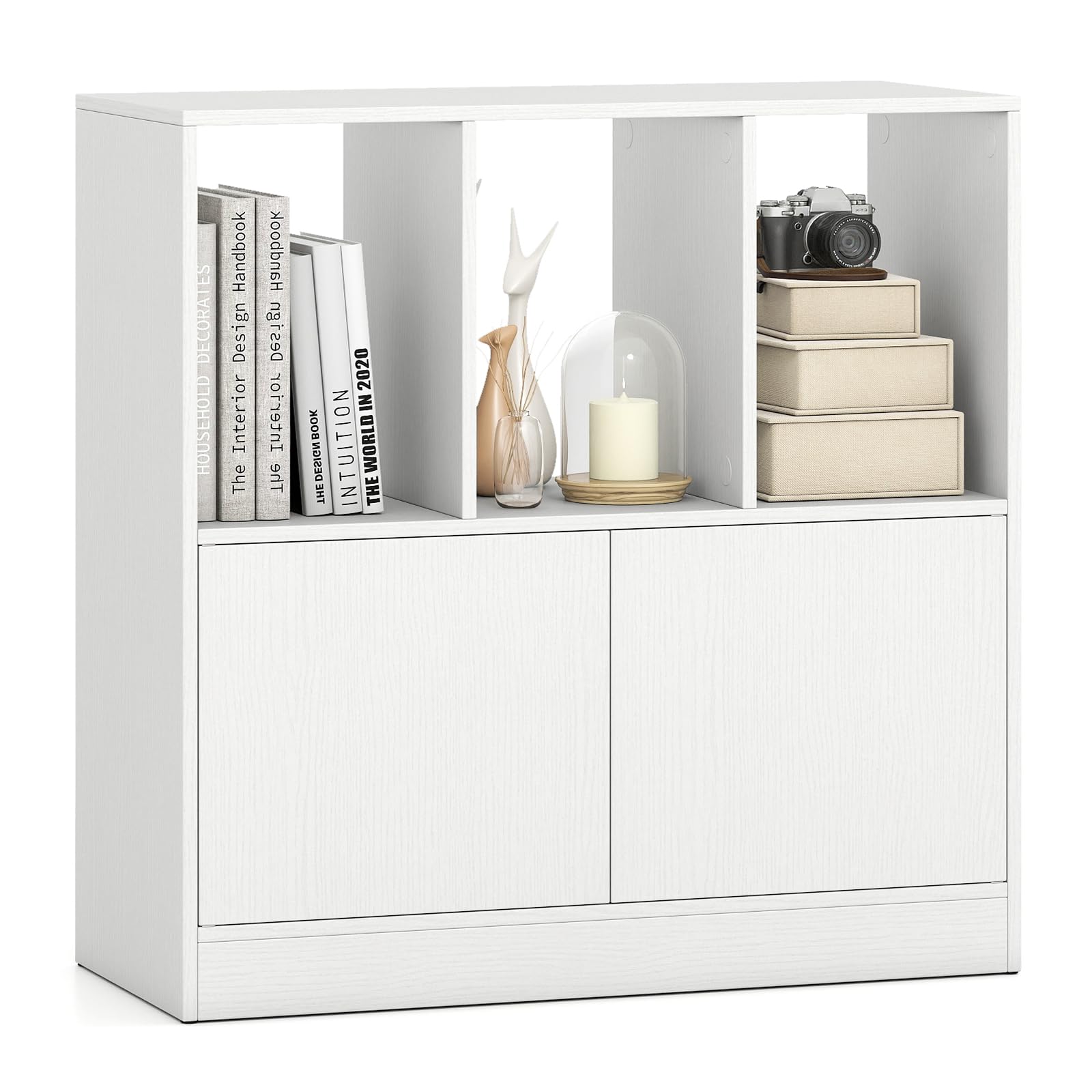 COSTWAY 3-Cube Bookcase with Doors, Modern Bookshelf Open Storage Organizer Unit, Freestanding Cupboard Book Shelf for Home Office, Study and Living Room (White)