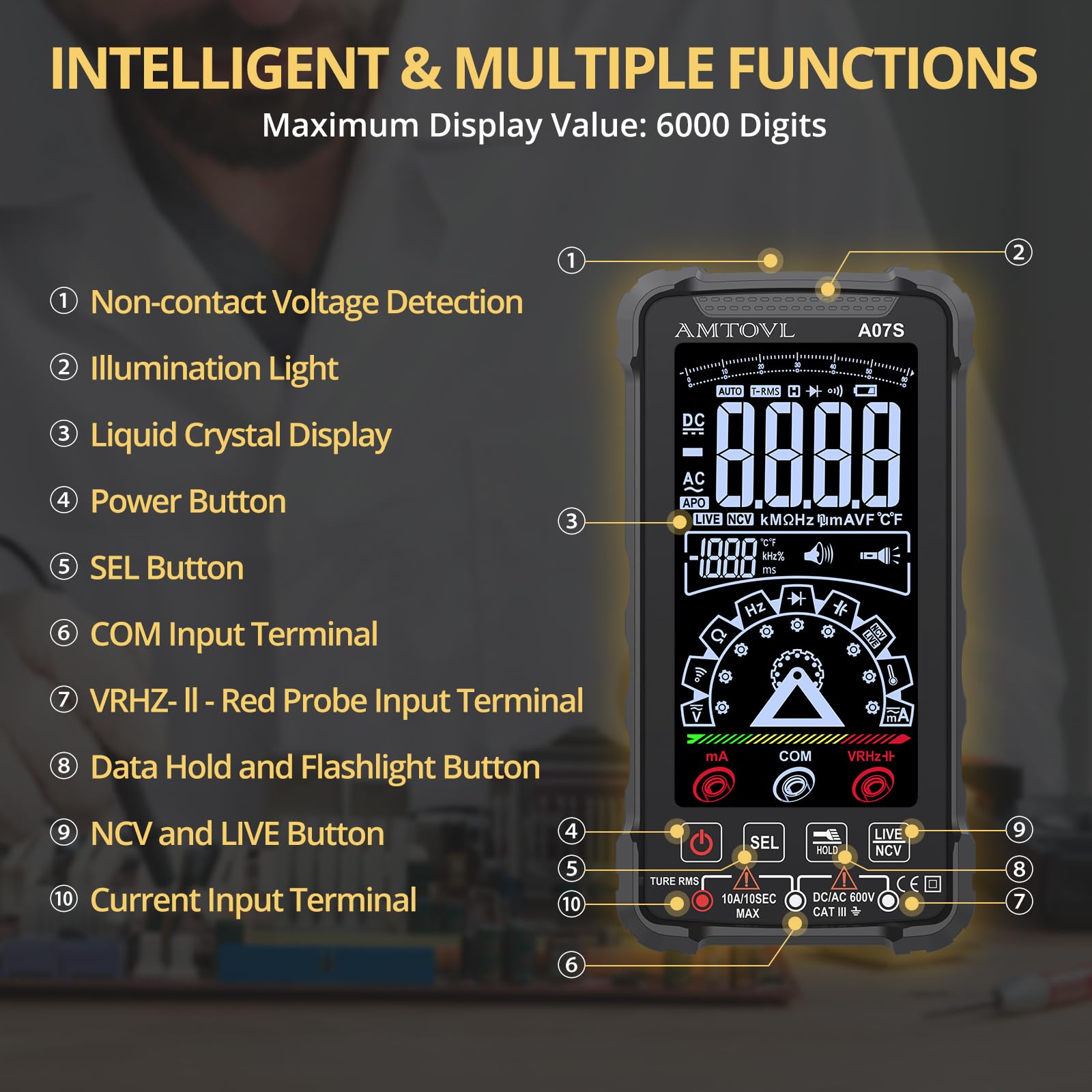 AMTOVL Digital Multimeter Tester, Auto-Ranging TRMS 6000 Counts Voltmeter Rechargeable Smart Multimeter LCD Screen Volt Meter - Image 2