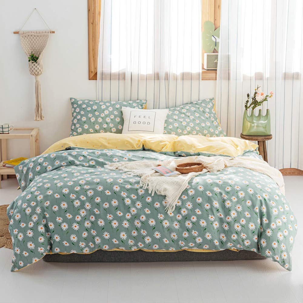 AMWAN Daisy Green Floral Duvet Cover Twin Cotton Girl Bedding Set, White Flower Print Comforter Cover With 2 Pillowcases