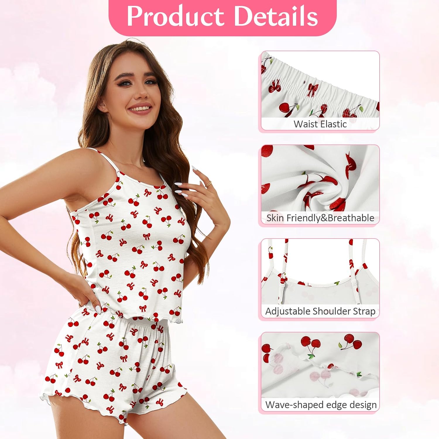 American Trends Cute Pajamas for Women Strawberry Print Cami Top and Shorts Pj Set Two Piece Pajama Set Sleepwear Sleep Set - Image 5