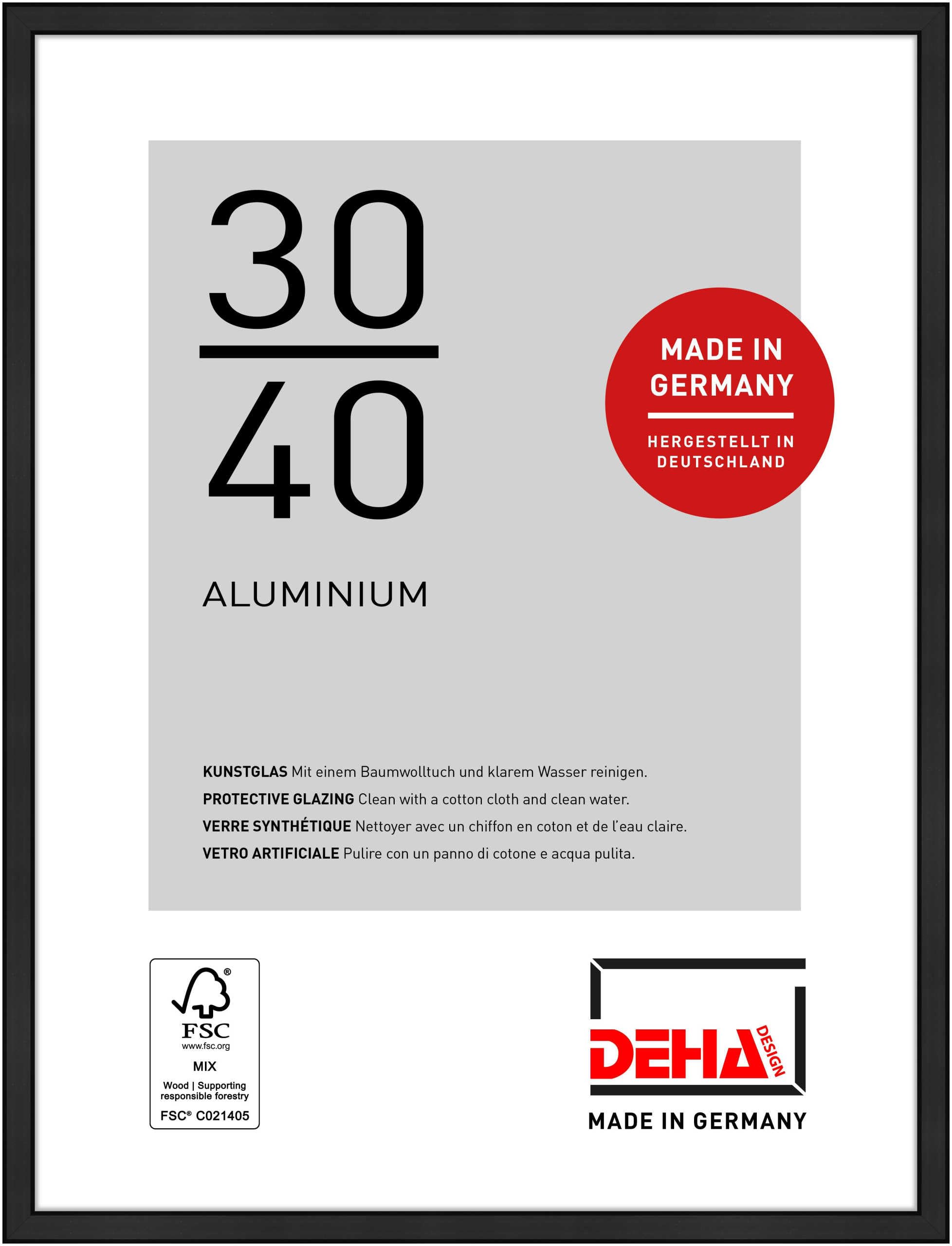 Deha Design Jet Black Matt Boston Aluminium Picture Frame - 30X40 Cm – Matt Black - With Synthetic Glass And Push/Turn Clips
