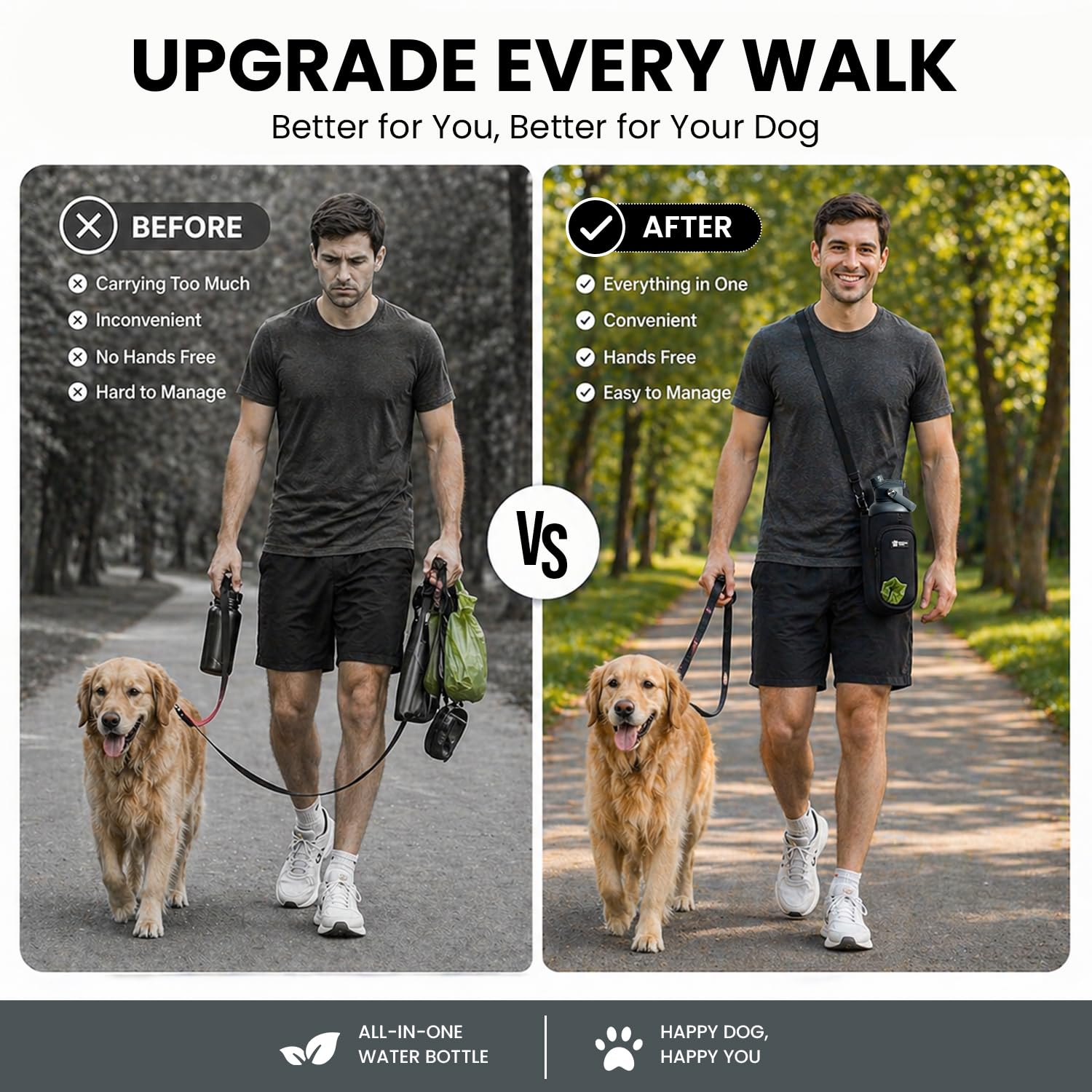 Borraccia per cani 3 in 1 con borsa per il trasporto, dispenser portatile per animali domestici, coperchio a doppio uso e 2 ciotole staccabili, design a prova di perdite, per passeggiate