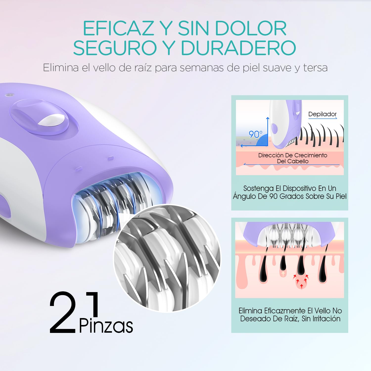 VOGOE Depiladora Electrica Mujer,Maquina Depilar 4 en 1 con 2 Velocidades, Recargable e Inalámbrica, 21 Pinzas Cubiertas, epilator para Cara Piernas Brazos Axilas Bikini, Morado HR310