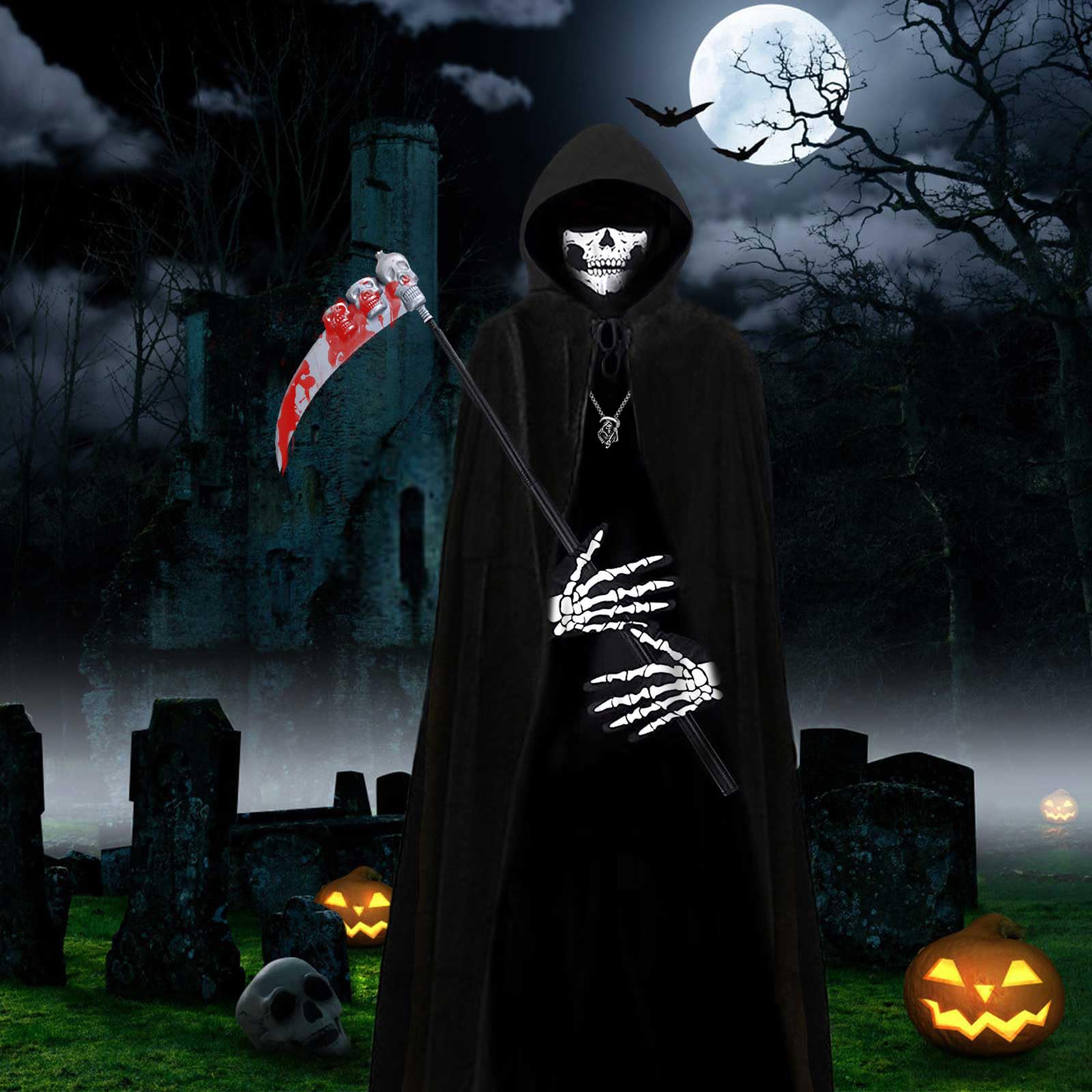 ATOWORLD Halloween Grim Reaper Costume Kids Boys 5-6 6-7 Skeleton Kids Girls Grim Reaper Cloak Black Halloween Scythe Grim Reaper Cape Scream Costume Mask Gloves Grim Reaper Outfit Skeleton Necklace - Image 2