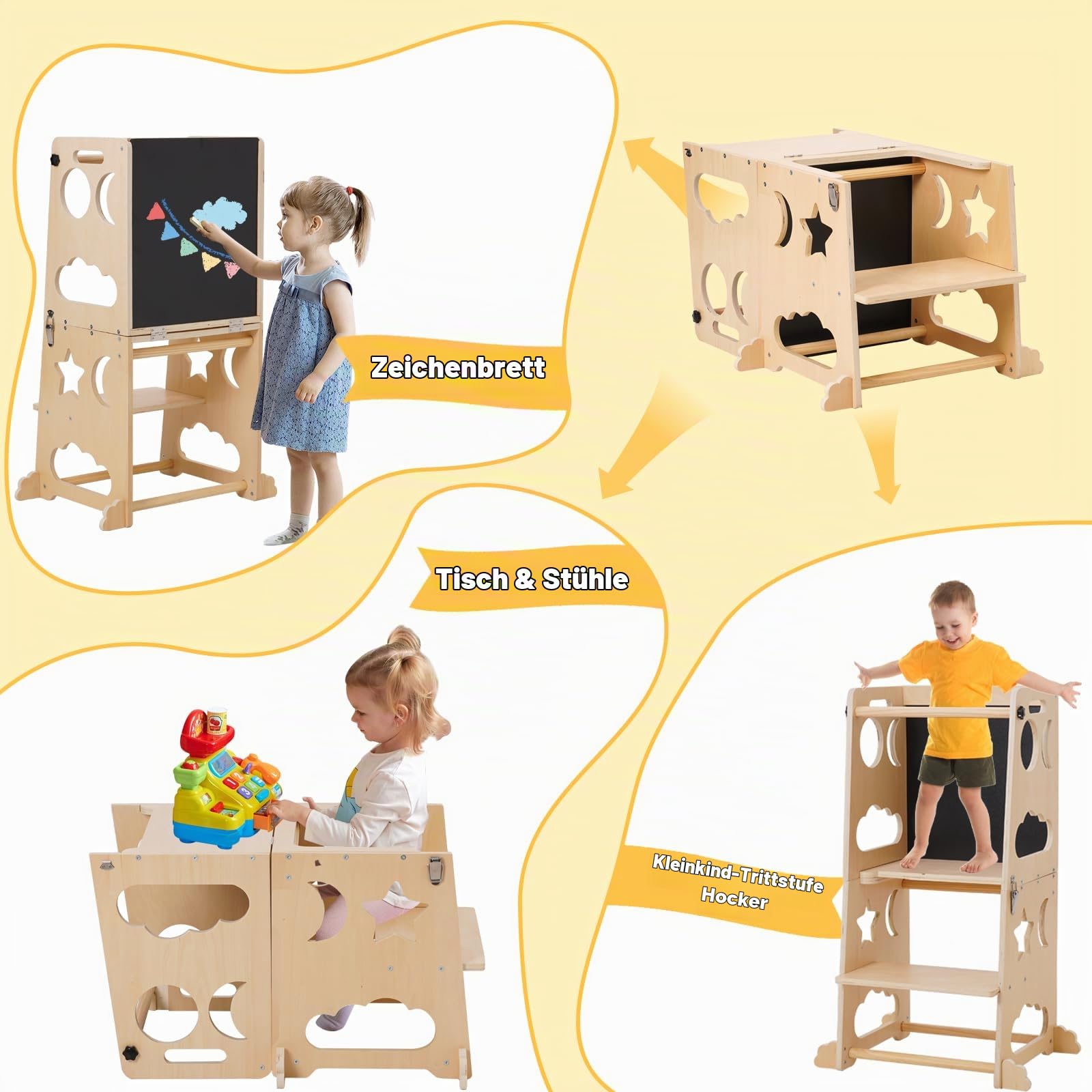 Montessori Lernturm für Kinder, 3 in 1 Learning Tower für Kinder Lernturm Klappbar Tritthocker mit Tafel, Küchenhocker-Helfer für Kinder, für Küchentisch und Badezimmer