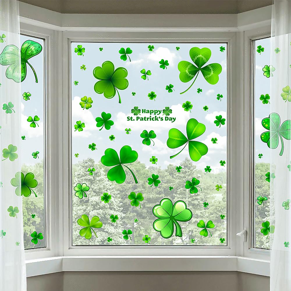 St Patricks Day Window Clings, Shamrock Stickers for St Patricks Day Decorations, 150Pcs Reusable Static Spring Window Clings Decor