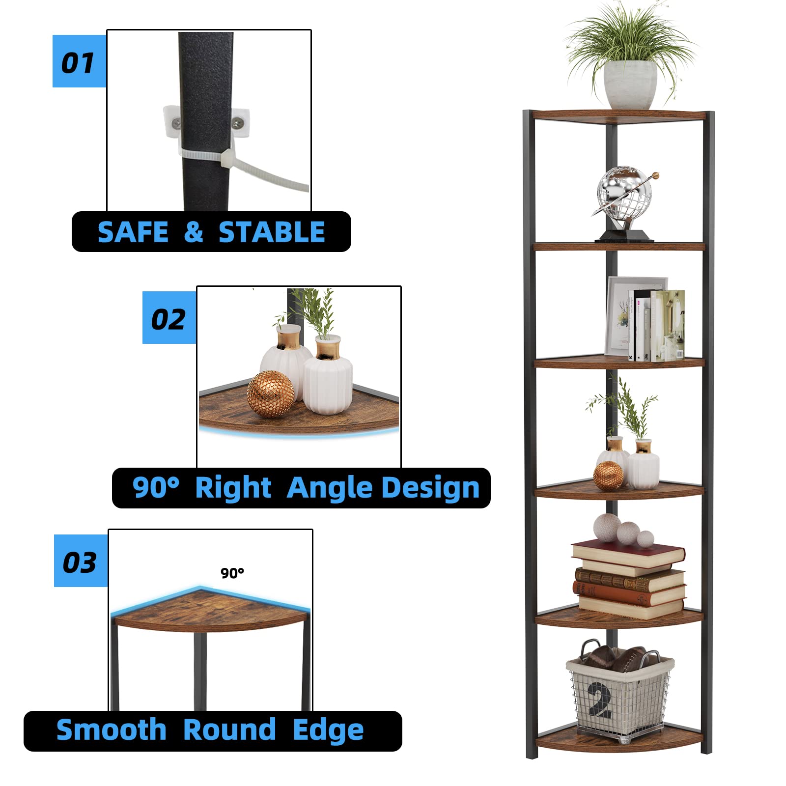 soges Estantería Esquinera de 6 Niveles Estantería de Esquina Independiente con Patas 165 cm de Alto Marco de Metal Soporte para Plantas Expositor de Pared Organizador