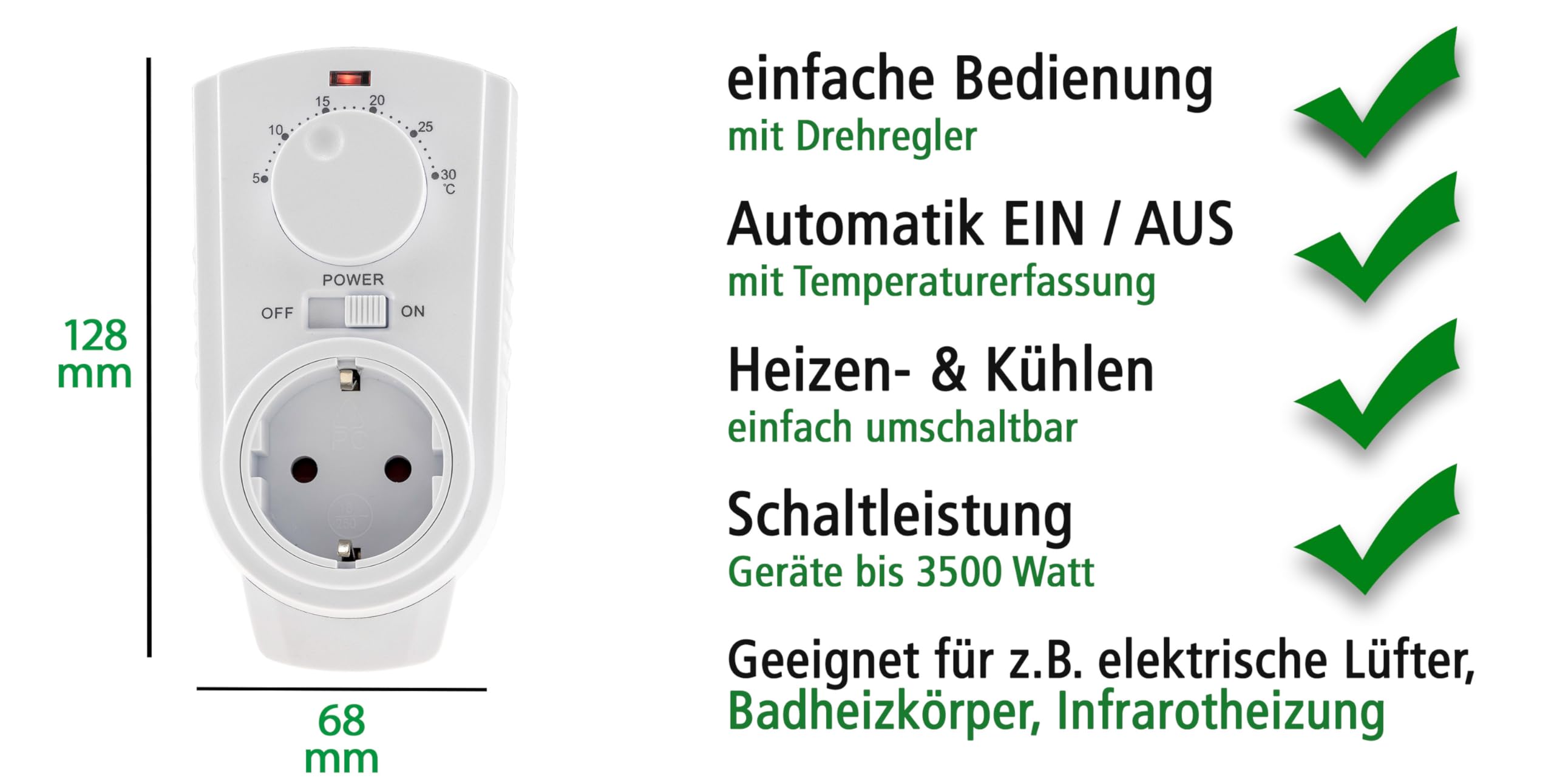 Termostat z gniazdkiem elektrycznym, analogowy, z pokr?t?em, gniazdko z czujnikiem temperatury, 3500 W, regulator temperatury do urz?dze? grzewczych i ch?odniczych, termowentylator, ogrzewanie na podczerwie?