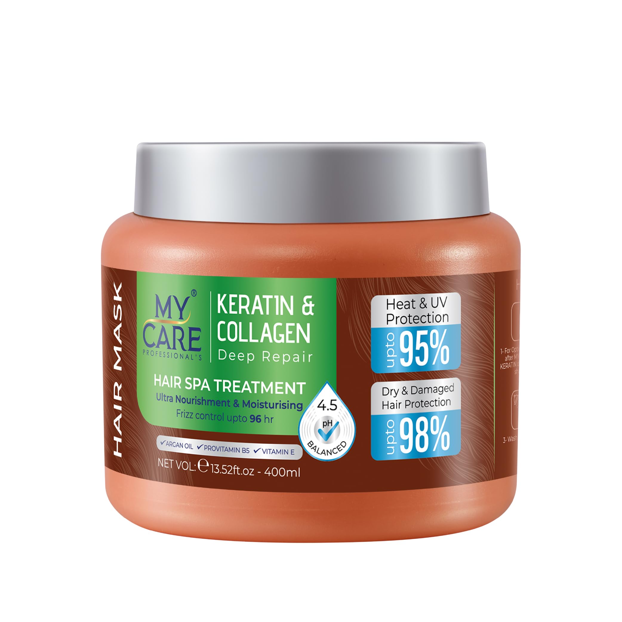 MY CARE PROFESSIONAL'S KERATIN Hair Mask|Collagen Hair mask | Hair Spa treatment | Argan oil ,Provitamin B5, Vitamin E | Frizz controll upto 96%, Heat & UV protection upto 95% , Moisture restore 98%| DEFEND-HYDRATE-PROTECT |No SLS, SLES & SILICON |pH balance 4.5 |400ml Pack of 1, KERATIN COLLAGEN-image-6