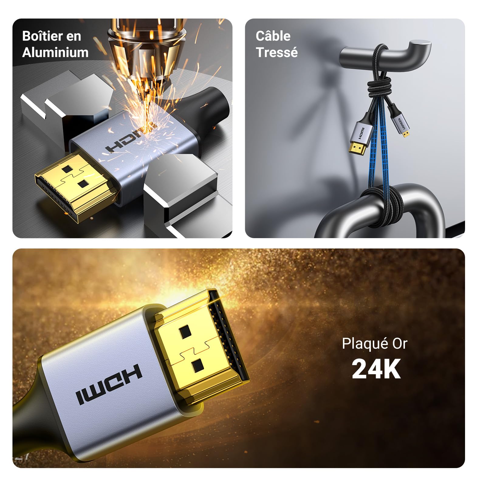 UGREEN Câble Micro HDMI vers HDMI 4K 60Hz Câble Mâle vers Mâle Micro HDMI2.0 Nylon Tressé 3D ARC HDR Compatible avec Asus Zenbook Huawei MediaPad Raspberry Pi 4 Hero 7 6 5 Moniteur Caméra (1M)