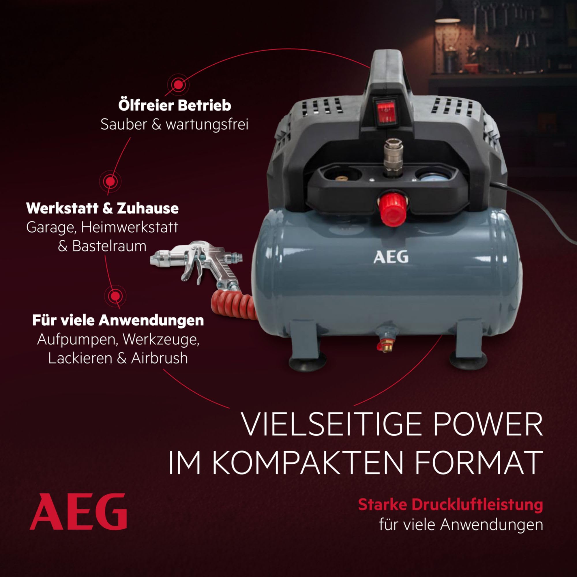 AEG KL6 Compresor de aire comprimido silencioso y potente para taller, hogar, ocio, versátil, libre de mantenimiento, libre de aceite, 56 dB, potencia del motor 1,5 CV, tanque 6 L, 8 bar, 206 l/min