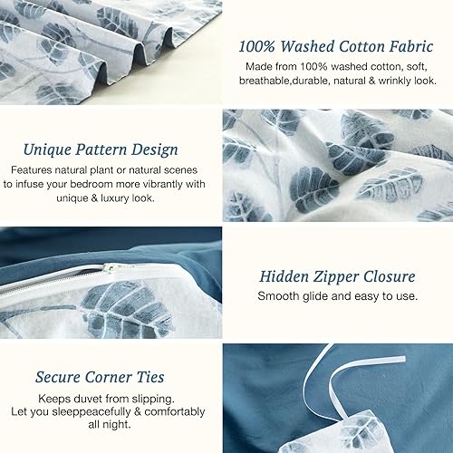 Miniatura 4 de MILDLY Funda de edredón con diseño de hojas, 100% algodón lavado, estampado de hojas azul marino, juego de funda de edredón con acuarela, sensación