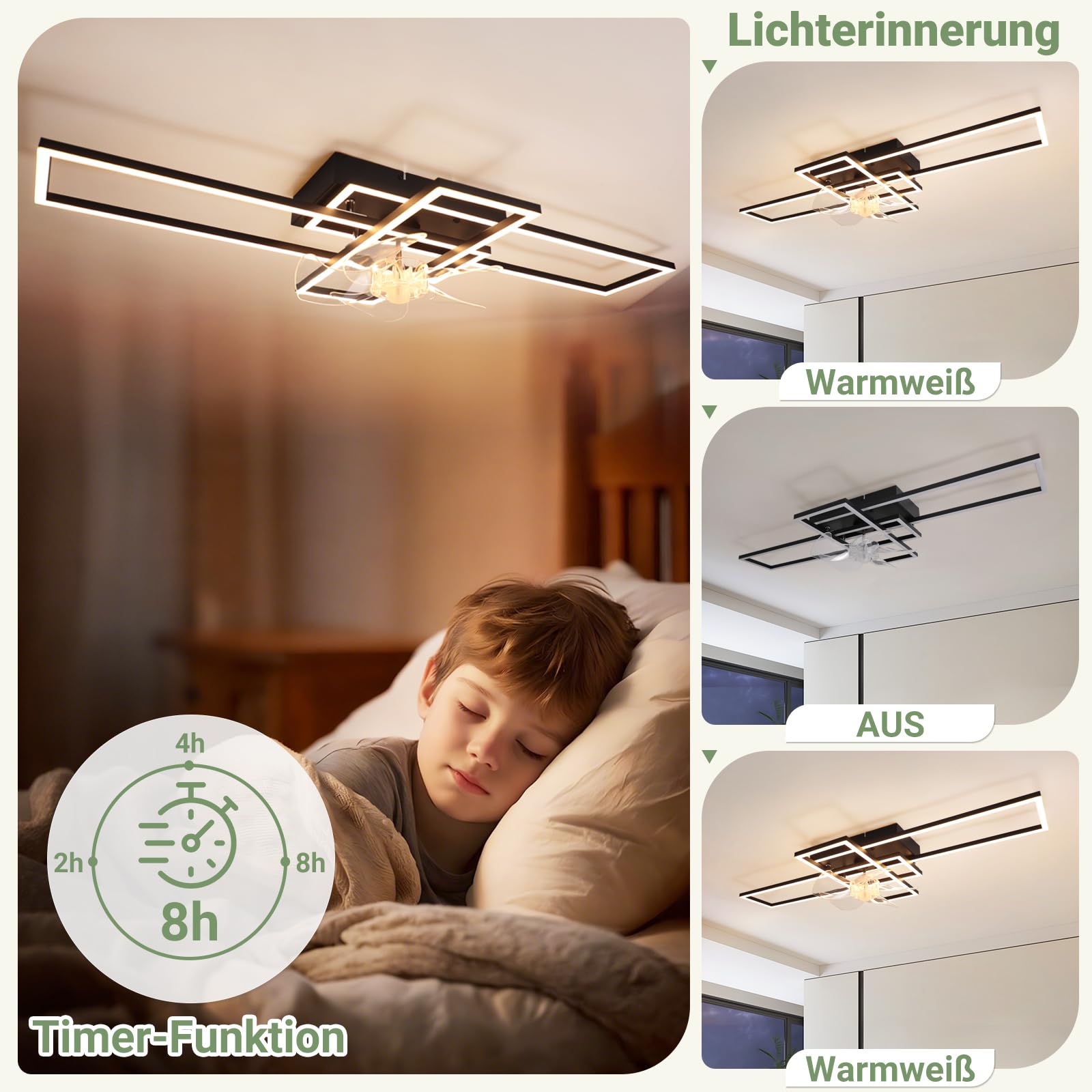Deckenventilator mit Beleuchtung Deckenleuchte LED Deckenlampe | Schwarz 41W Dimmbar Ventilator Leise mit Light 6 Geschwindigkeiten Wohnzimmerlampe Groß Rechteckig für Schlafzimmer Küche