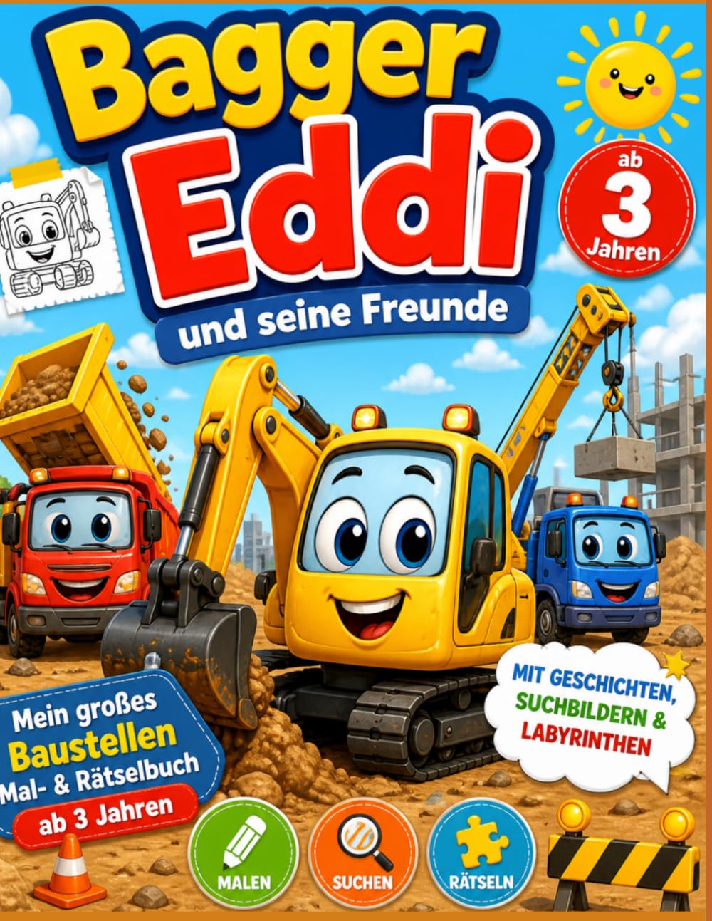 Bagger Eddi und seine Freunde: Mein großes Baustellen-Mal- und Rätselbuch ab 3 Jahren