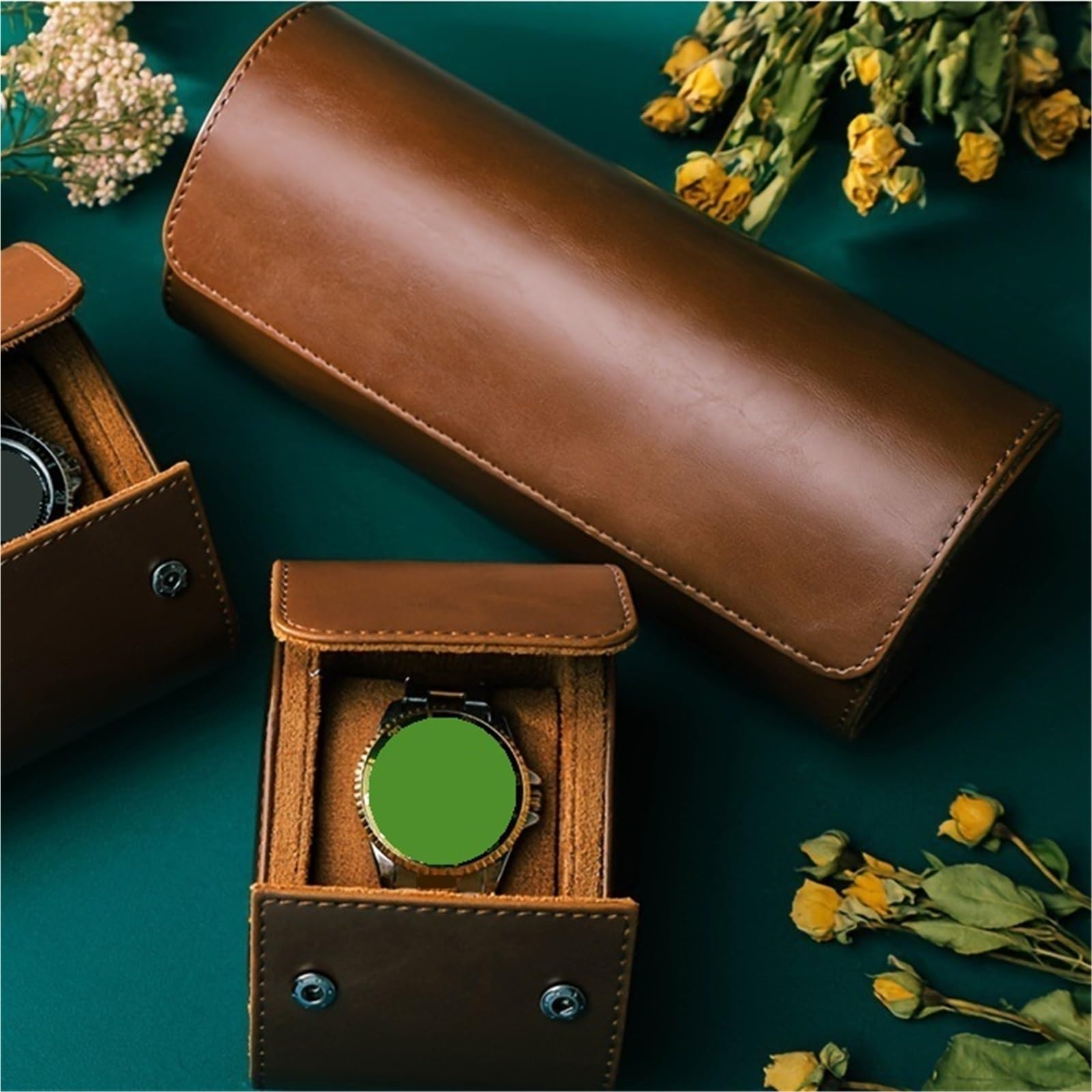 Estuche de viaje for relojes con 3 ranuras, organizador de relojes de piel sintética, for hombres y mujeres.(3 green)