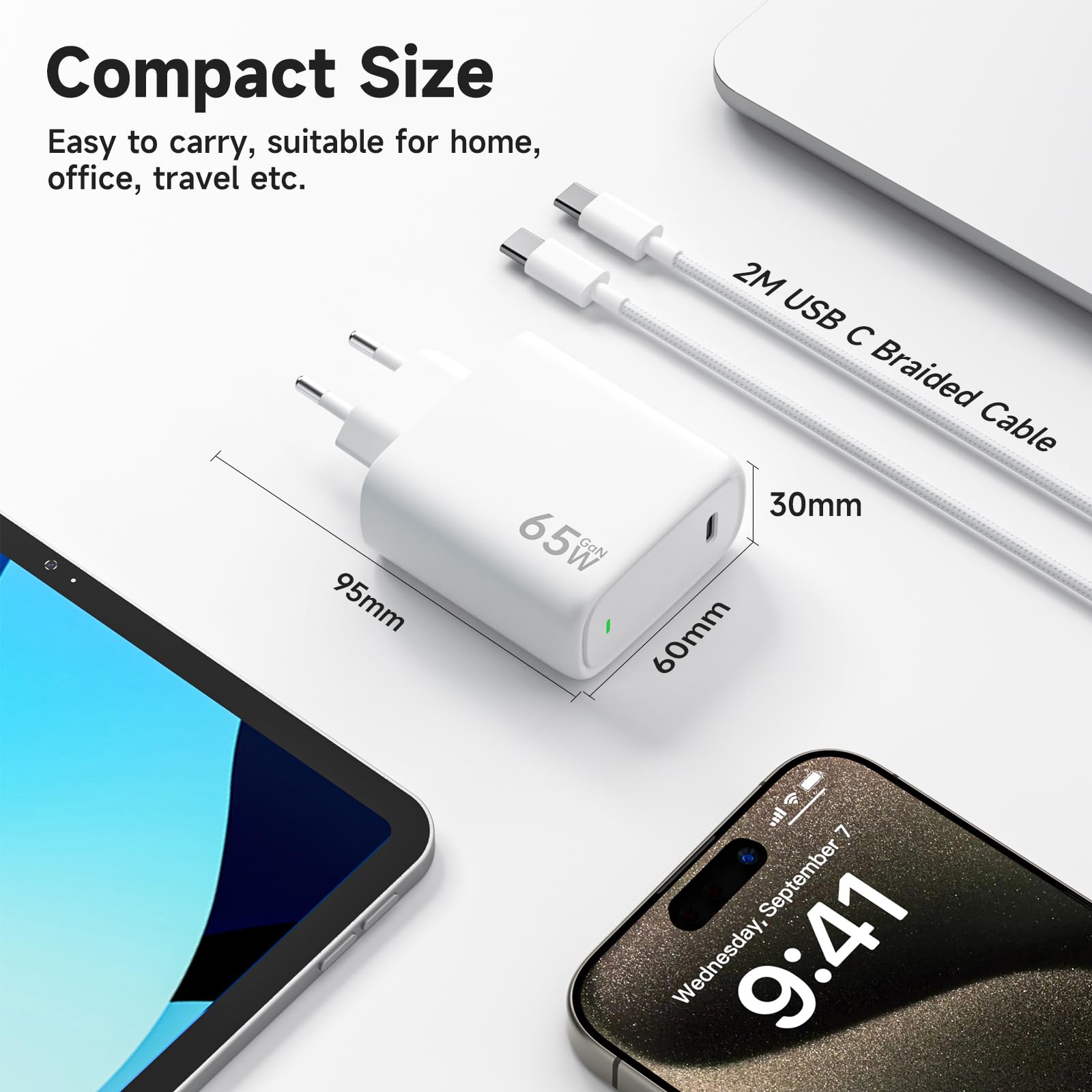 Kndaa USB C Ladegerät 65W USB-C Netzteil PD Charger GaN PPS Schnellladegerät mit 2M Typ-C Kabel für MacBook Pro/Air, für iPhone 15/16/Plus/Pro Max, für Galaxy S24 Ultra/S23+/S23/S22, für Steam Deck